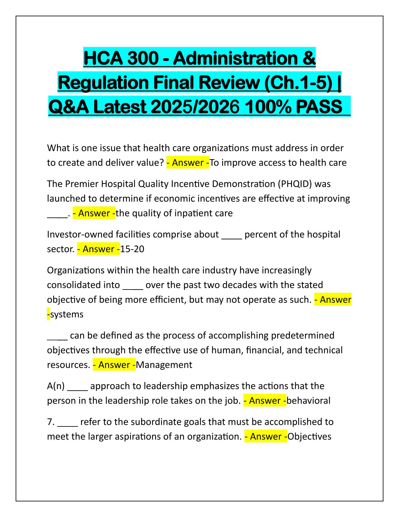 HCA 300-Administration and Regulation Final Review (Ch1-5) Q&A Latest Update