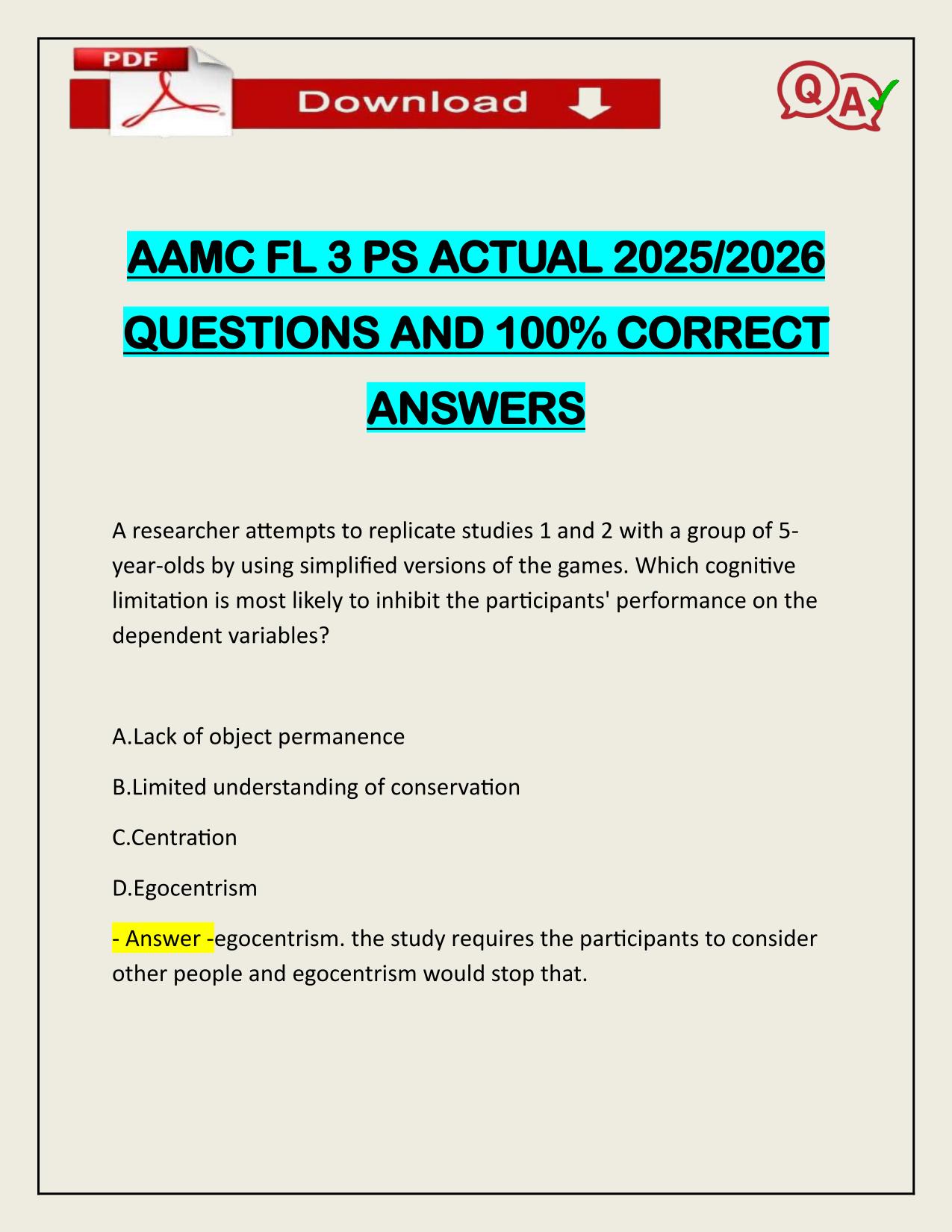 AAMC FL 3 PS ACTUAL 2025/2026 WITH VERIFIED ANSWERS