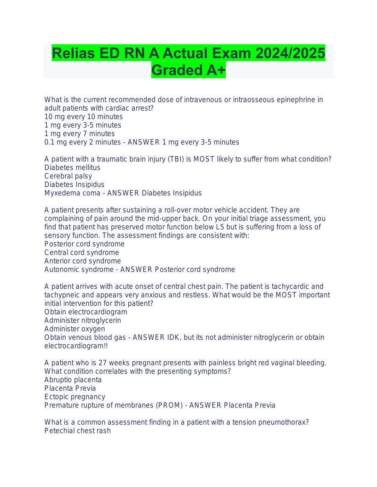 Relias ED RN A Actual Exam 2025/2026 UPDATED Graded A+
