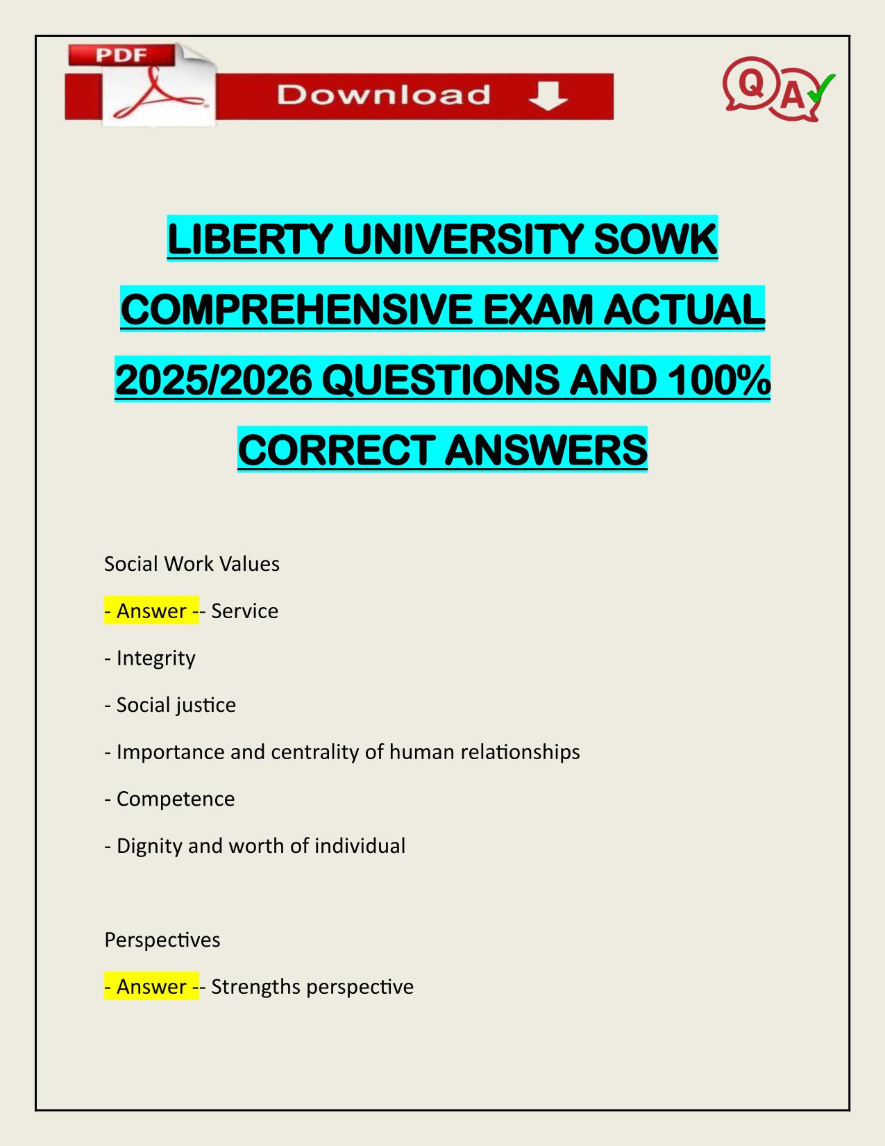 LIBERTY UNIVERSITY SOWK COMPREHENSIVE EXAM ACTUAL 2025/2026