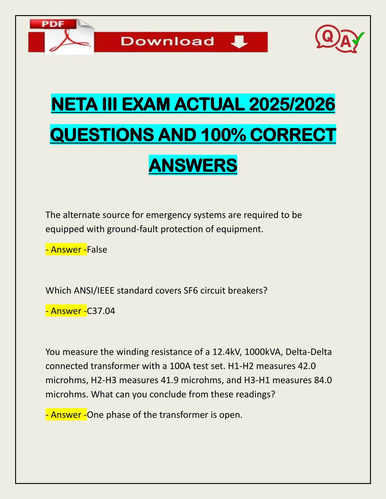 NETA III EXAM ACTUAL 2025/2026 QUESTIONS AND 100% CORRECT ANSWERS