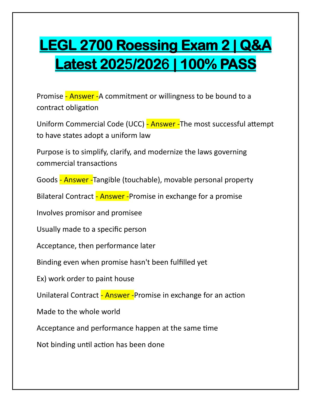 LEGL 2700 Roessing Exam 2 Q&A Latest Update 2025