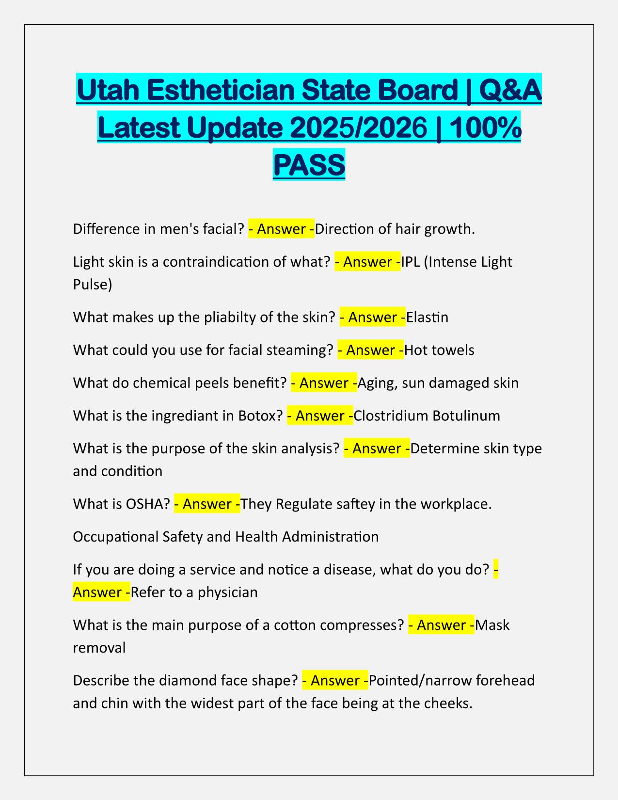 Utah Esthetician State Board EXAM Q&A Latest Update