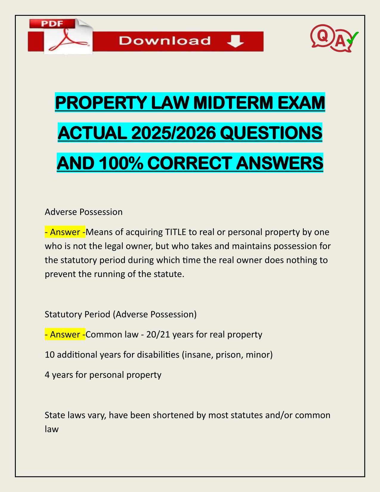 PROPERTY LAW MIDTERM EXAM ACTUAL 2025/2026