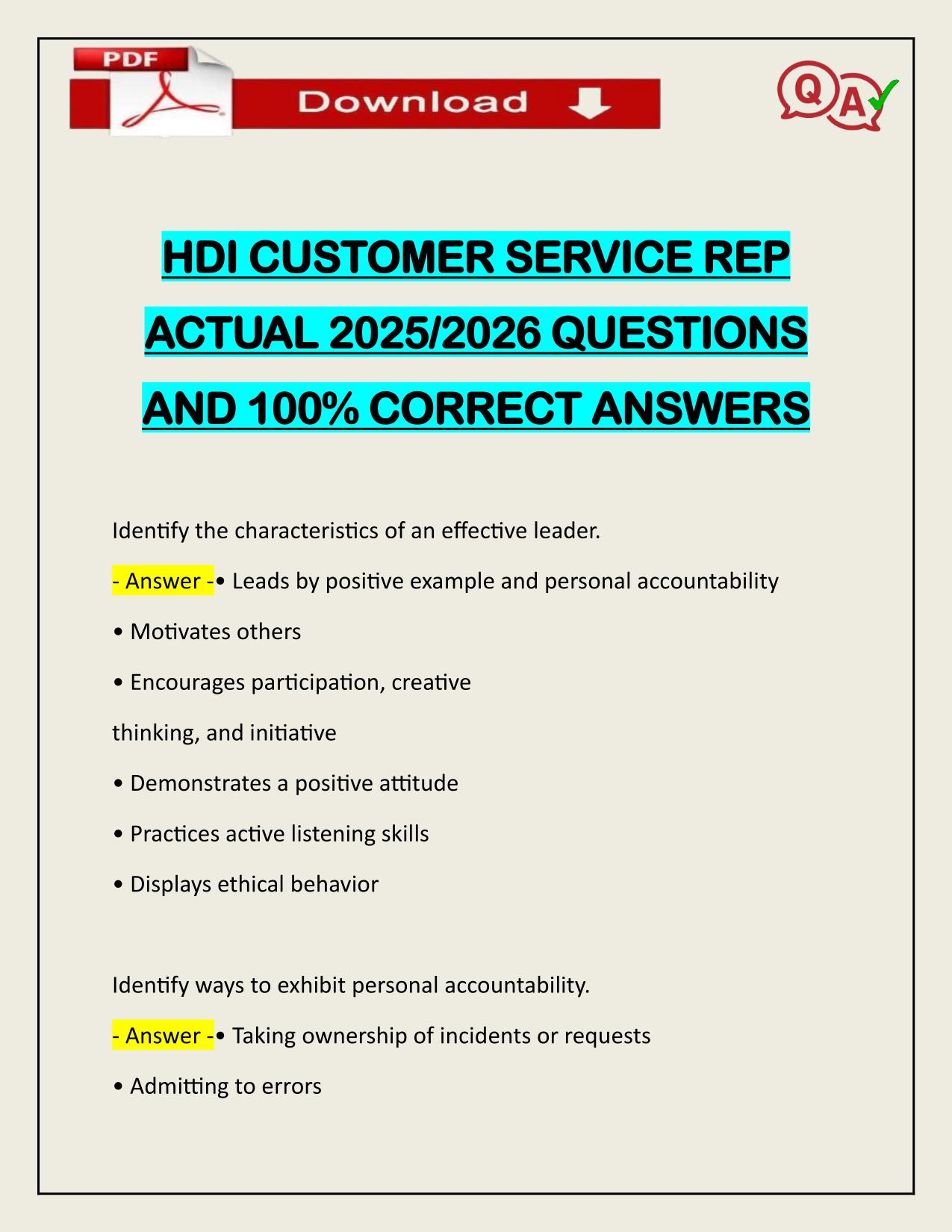 HDI CUSTOMER SERVICE REP ACTUAL 2025/2026 Q&A 100% PASS