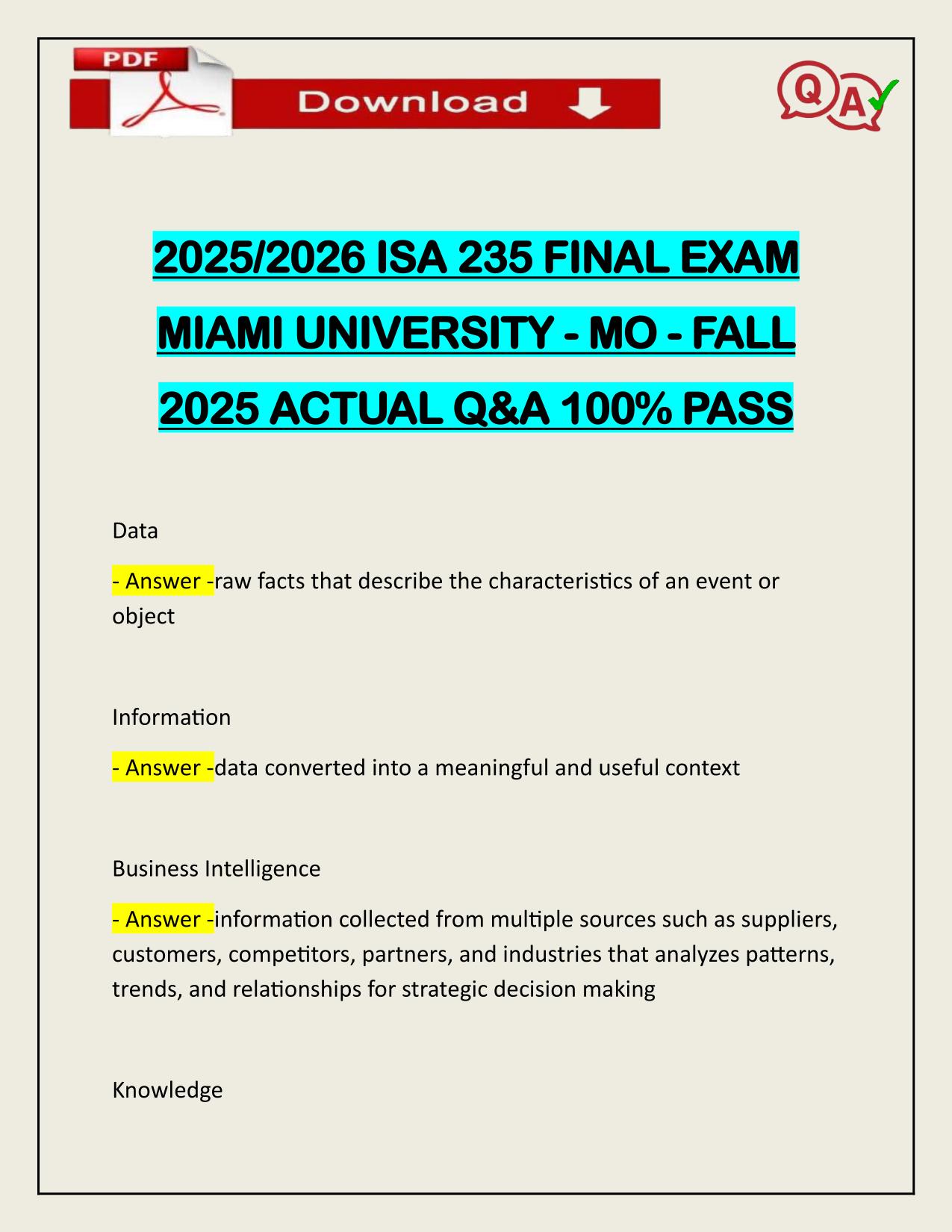 2025/2026 ISA 235 FINAL EXAM MIAMI UNIVERSITY - MO - FALL 2025