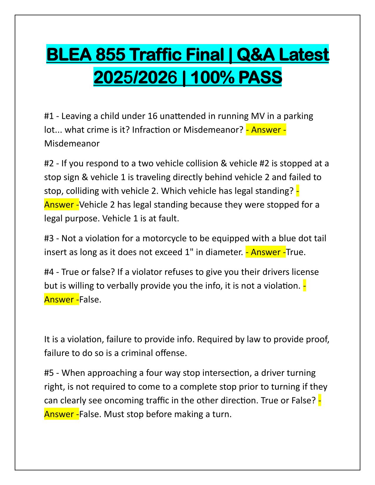 BLEA 855 Traffic Final Q&A Latest Update 2025-2026