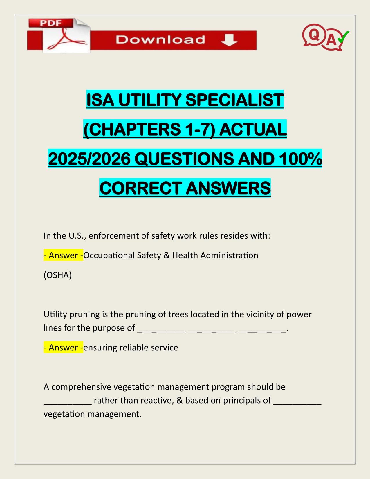 ISA UTILITY SPECIALIST (CHAPTERS 1-7) ACTUAL 2025/2026 CORRECTLY ANSWERED