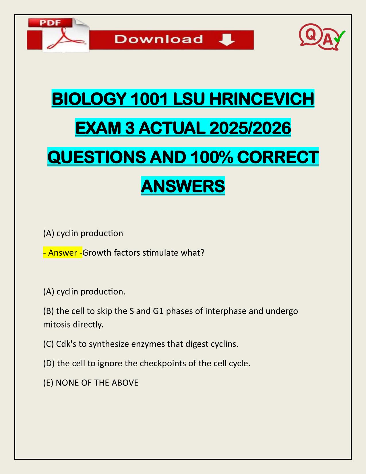 BIOLOGY 1001 LSU HRINCEVICH EXAM 3 ACTUAL 2025/2026 UPDATE