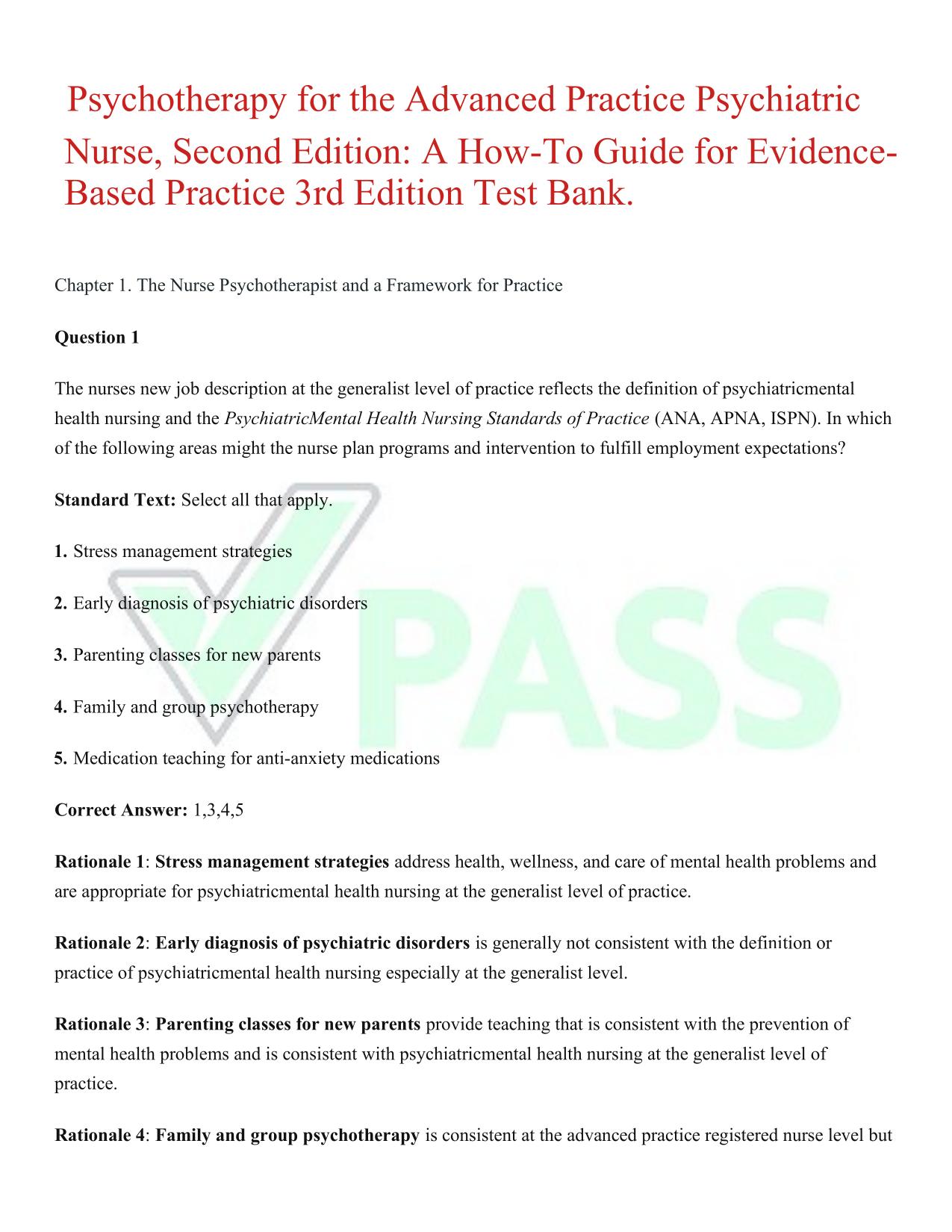 TEST BANK FOR Psychotherapy for the Advanced Practice Psychiatric Nurse 3RD ED ALL CHAPTERS COVERED