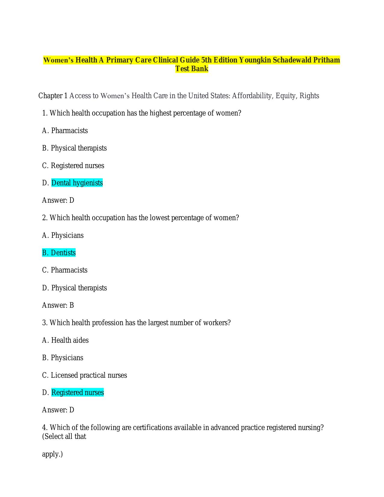 Testbank Women’s Health A Primary Care Clinical Guide 5th Ed Youngkin Schadewald Pritham ISBN: 9780135659663