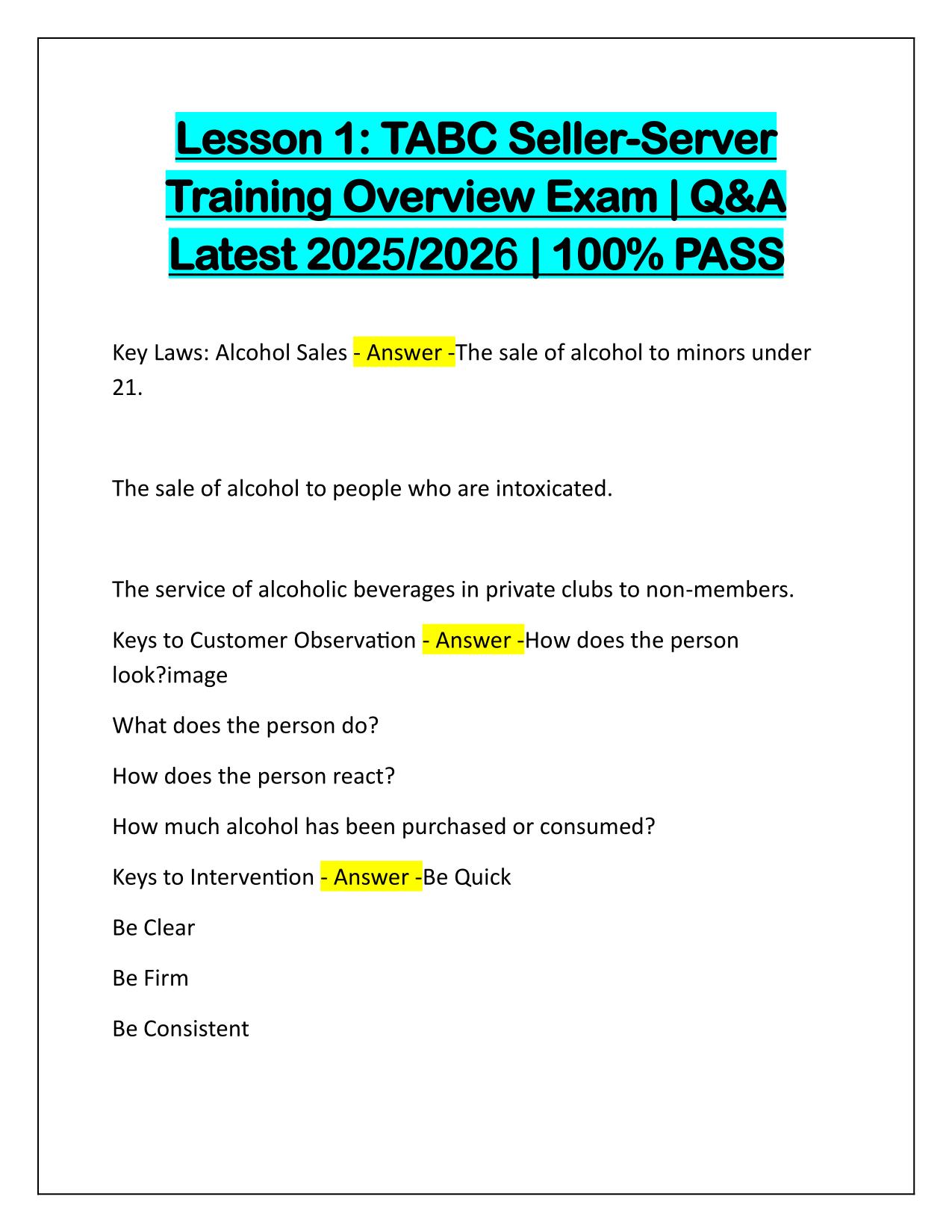 Lesson 1 TABC Seller-Server Training Overview Exam Correctly Answered Latest Update