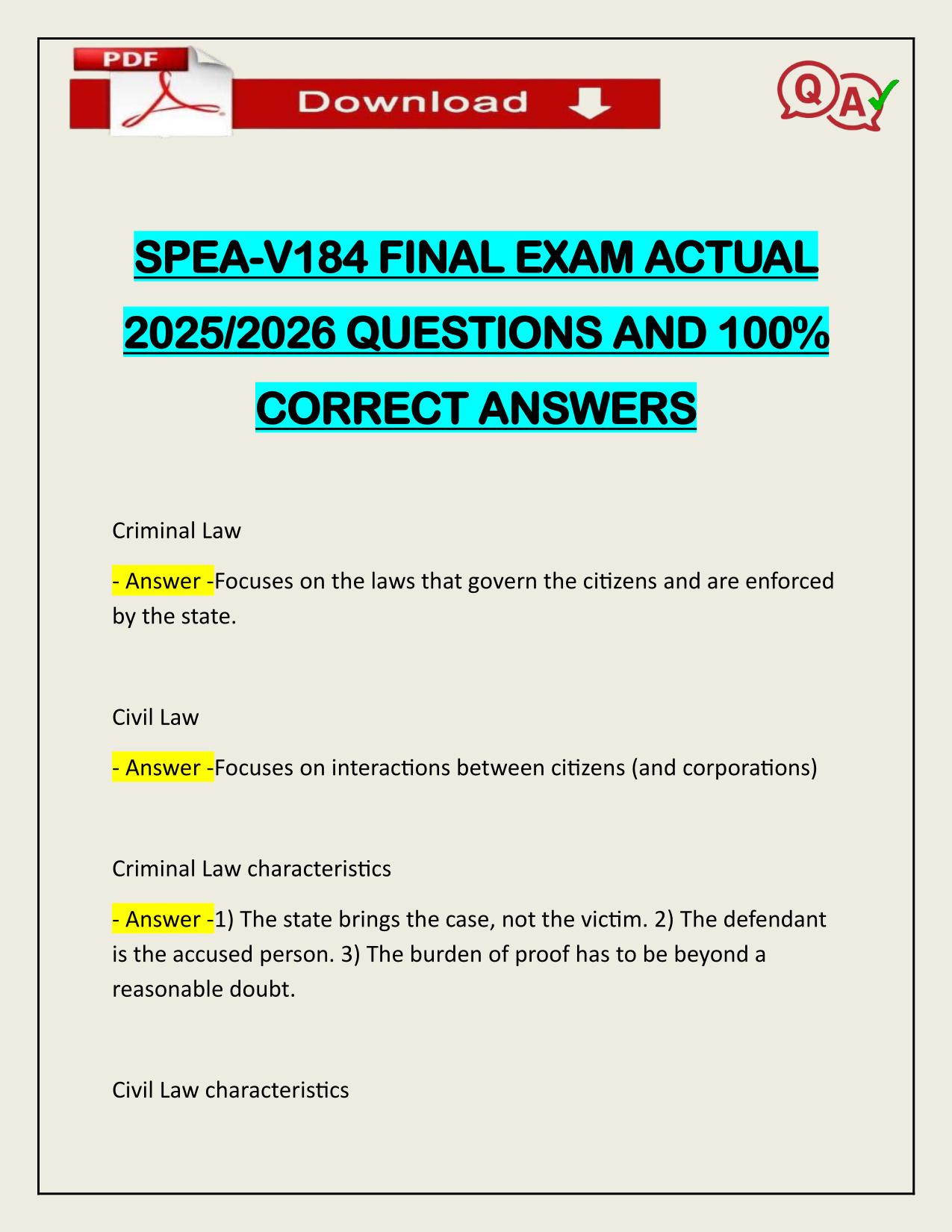 SPEA-V184 FINAL EXAM ACTUAL 2025/2026 Q&A 100% PASS