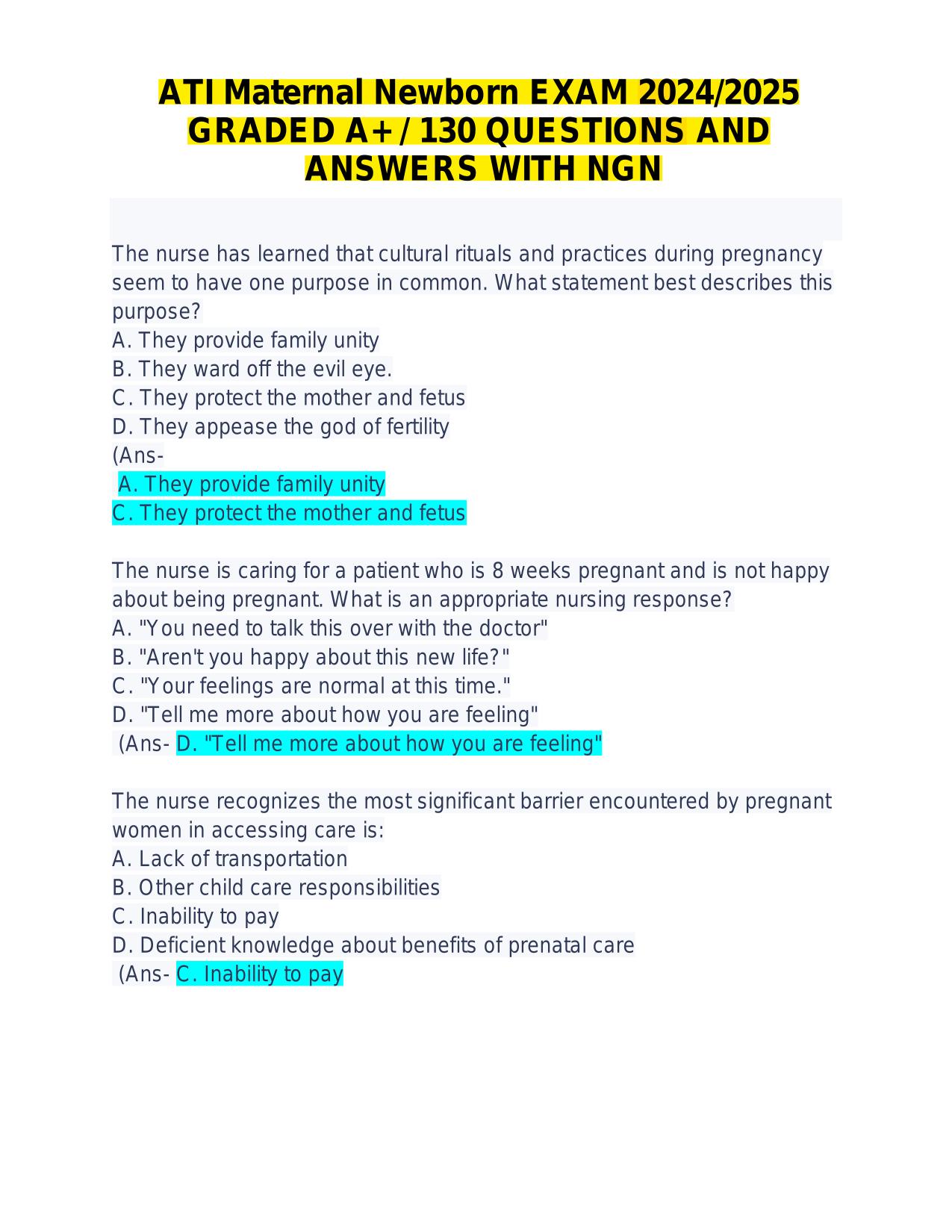 ATI Maternal Newborn EXAM ACTUAL 2025/2026 Q&A 100% PASS