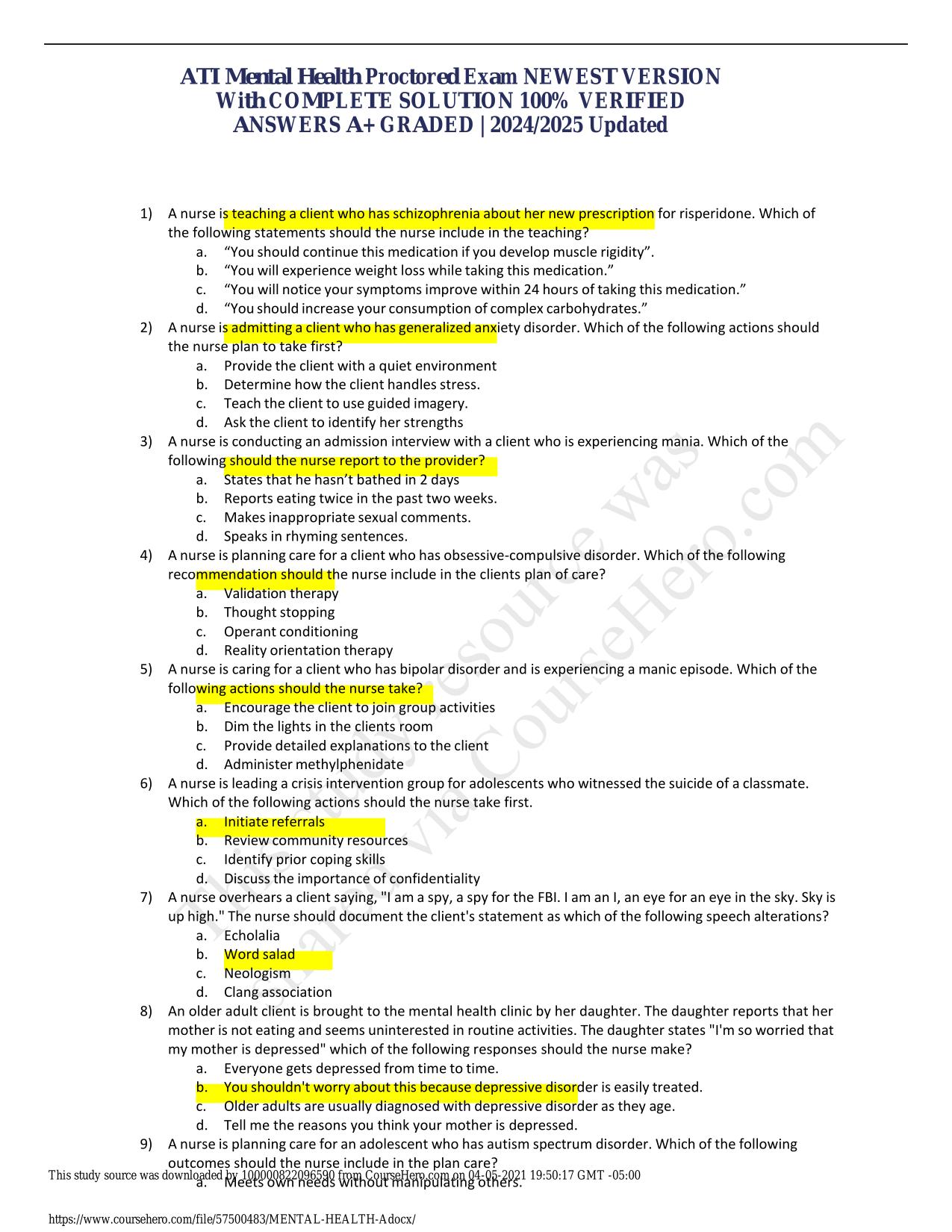 ATI Mental Health Proctored Exam NEWEST VERSION ACTUAL 2025/2026 With COMPLETE SOLUTION 100% VERIFIED ANSWERS