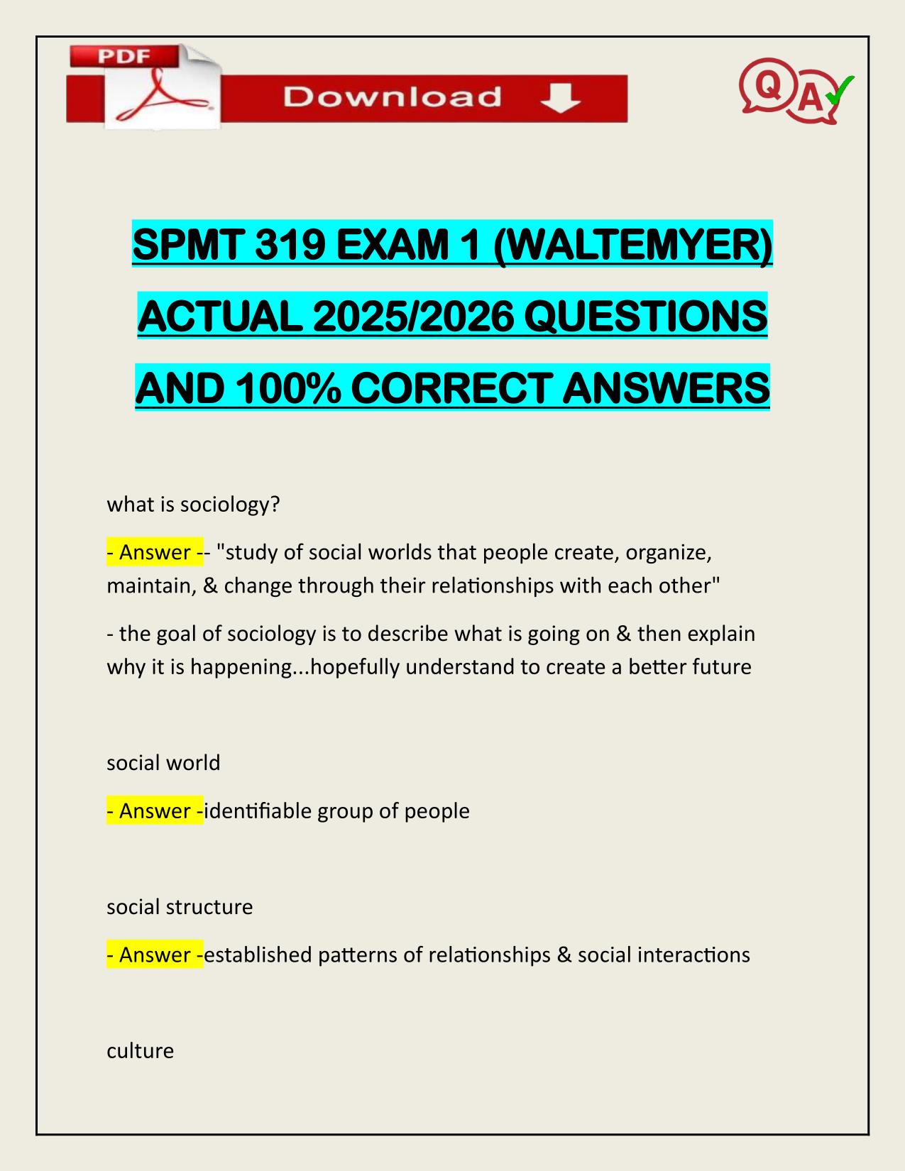 SPMT 319 EXAM 1 (WALTEMYER) ACTUAL 2025/2026
