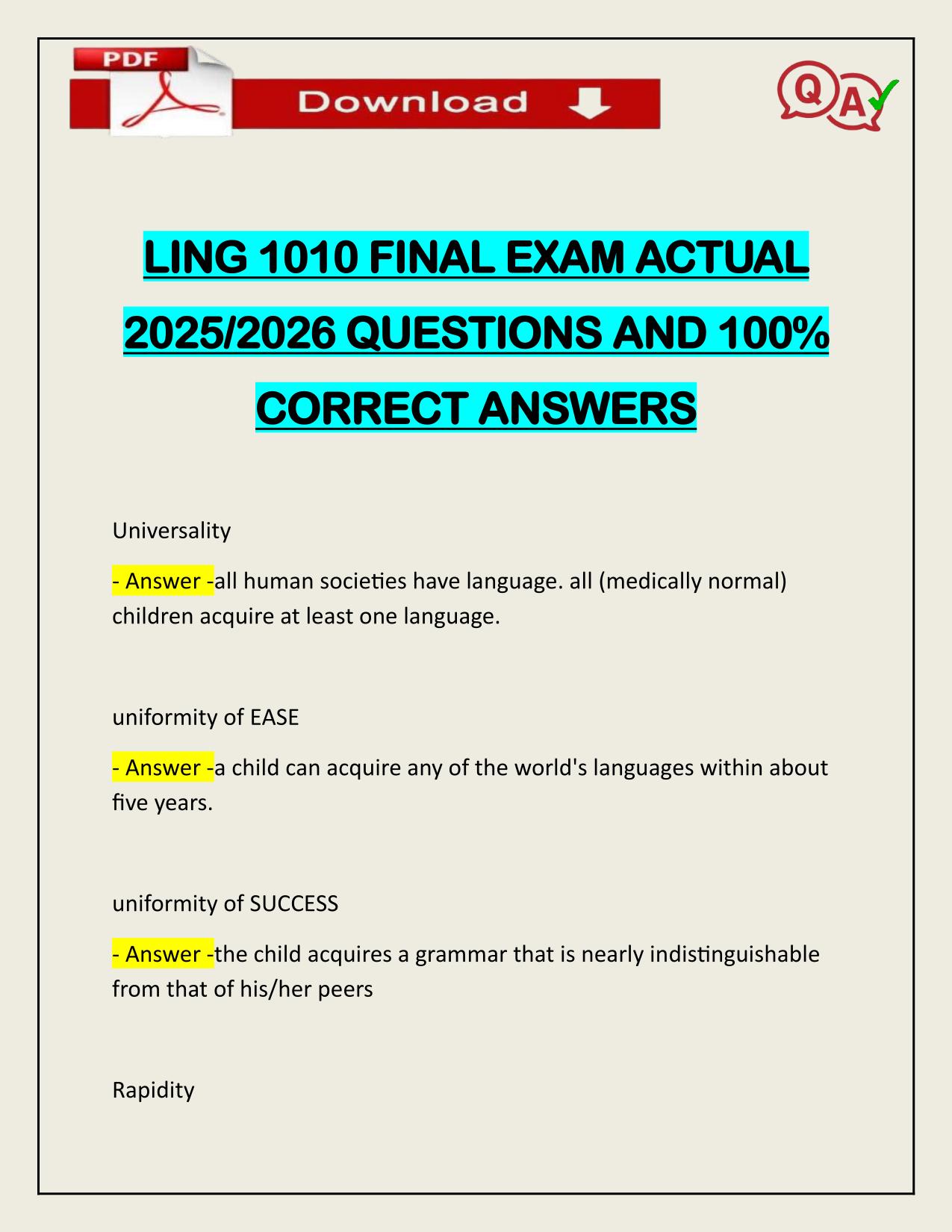 LING 1010 FINAL EXAM ACTUAL 2025/2026 QUESTIONS AND 100% CORRECT ANSWERS
