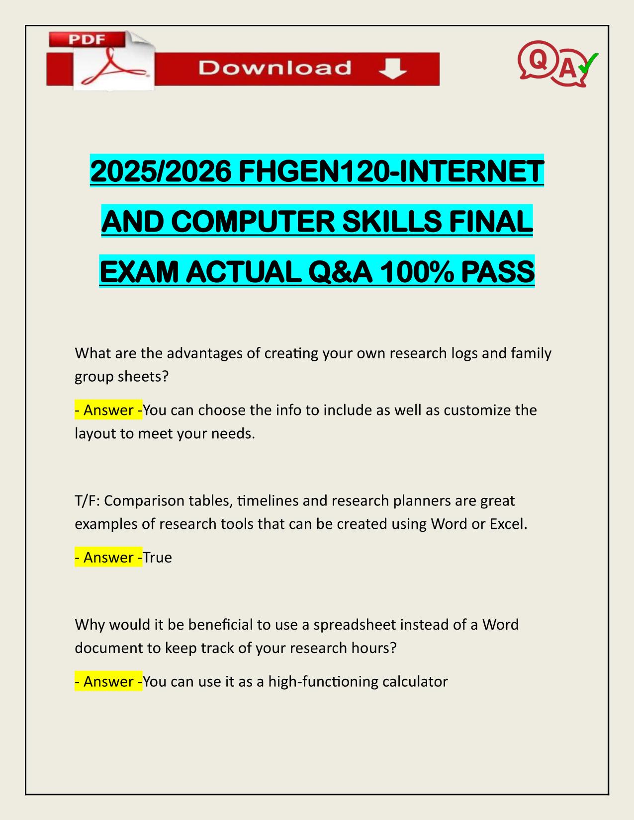 2025/2026 FHGEN120-INTERNET AND COMPUTER SKILLS FINAL EXAM ACTUAL Q&A 100% PASS