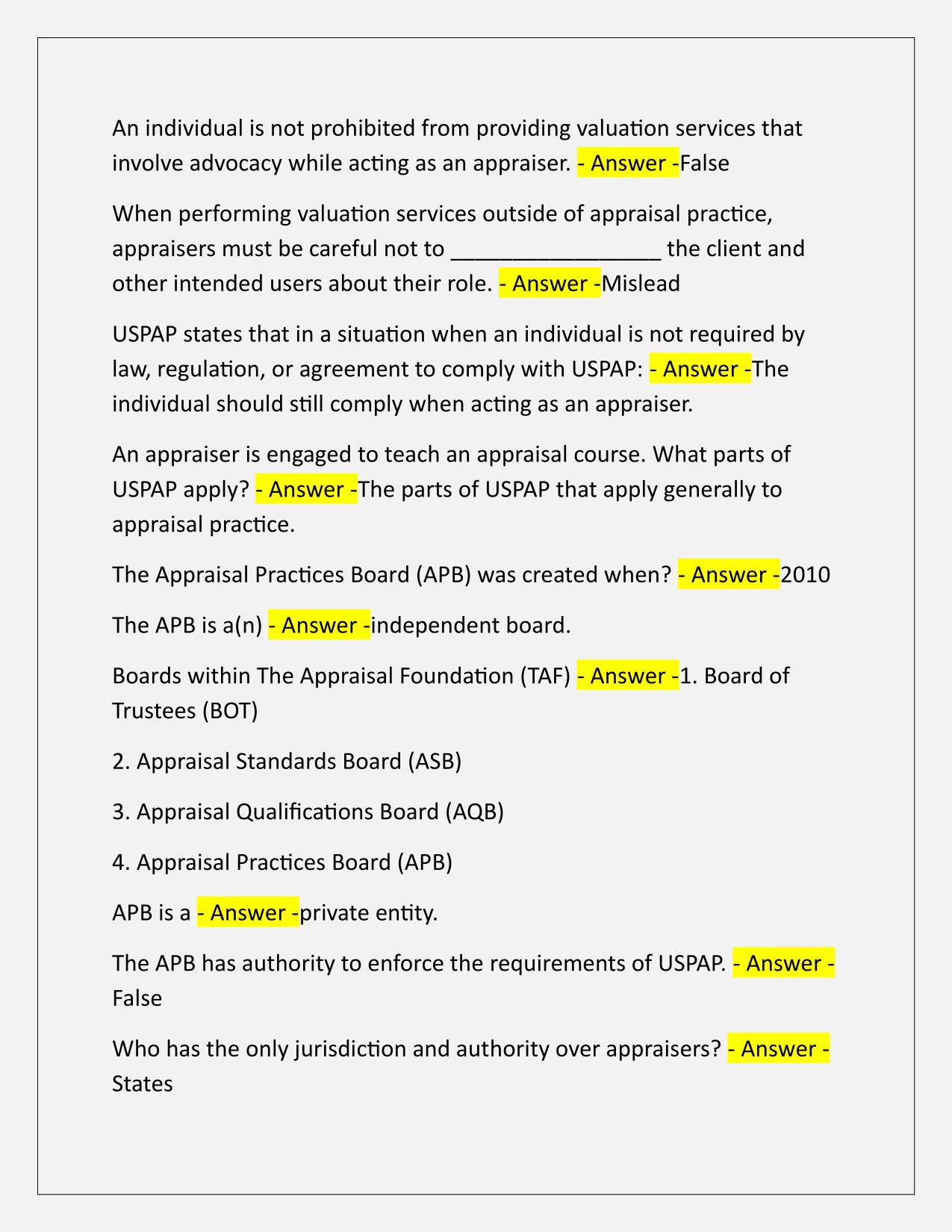 USPAP 15-Hour Course Q&A Latest Update