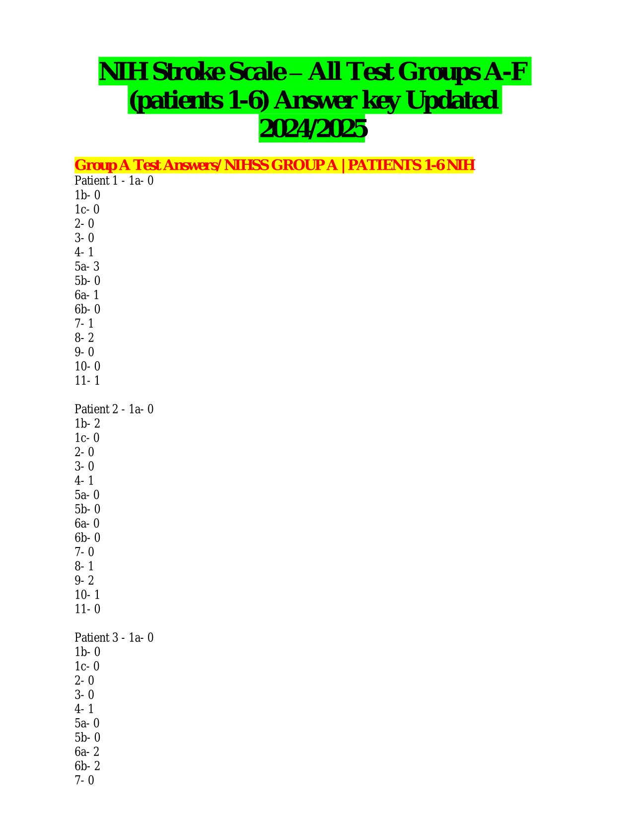 NIH Stroke Scale – All Test Groups A-F (patients 1-6) Answer key 2025/2026 update