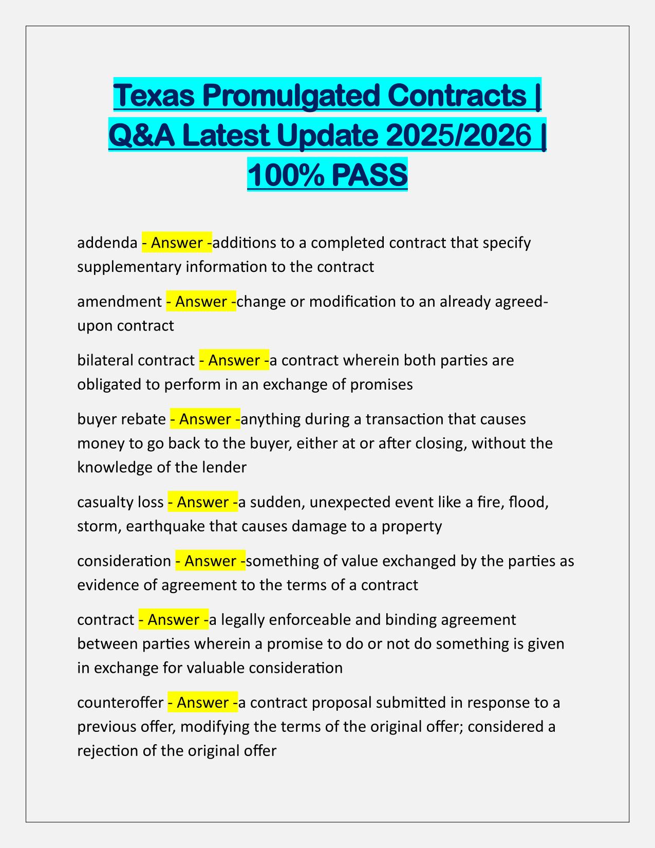 Package Deal for Texas Promulgated Contracts EXAMS Q&A Latest Update
