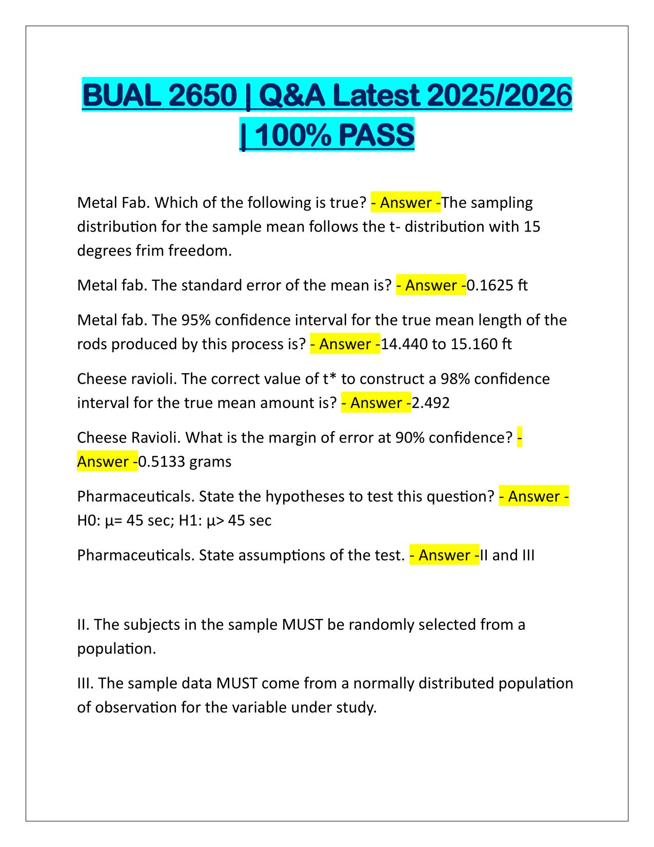 BUAL 2650 Questions and Correct Answers Latest Update