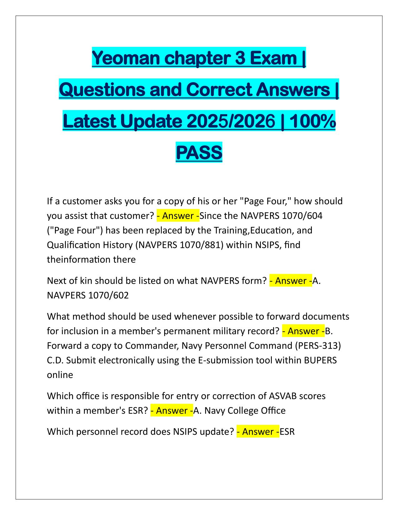Yeoman chapter 3 Exam Questions and Correct Answers