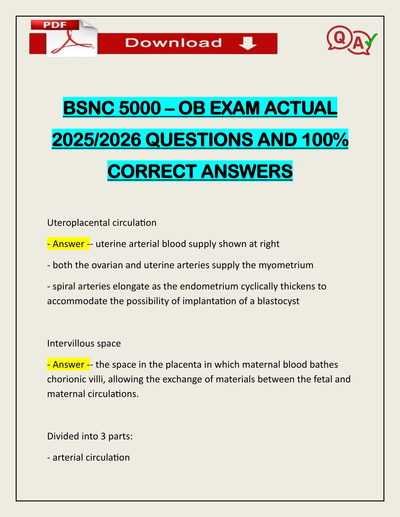 BSNC 5000 – OB EXAM ACTUAL 2025/2026 QUESTIONS AND 100% CORRECT ANSWERS