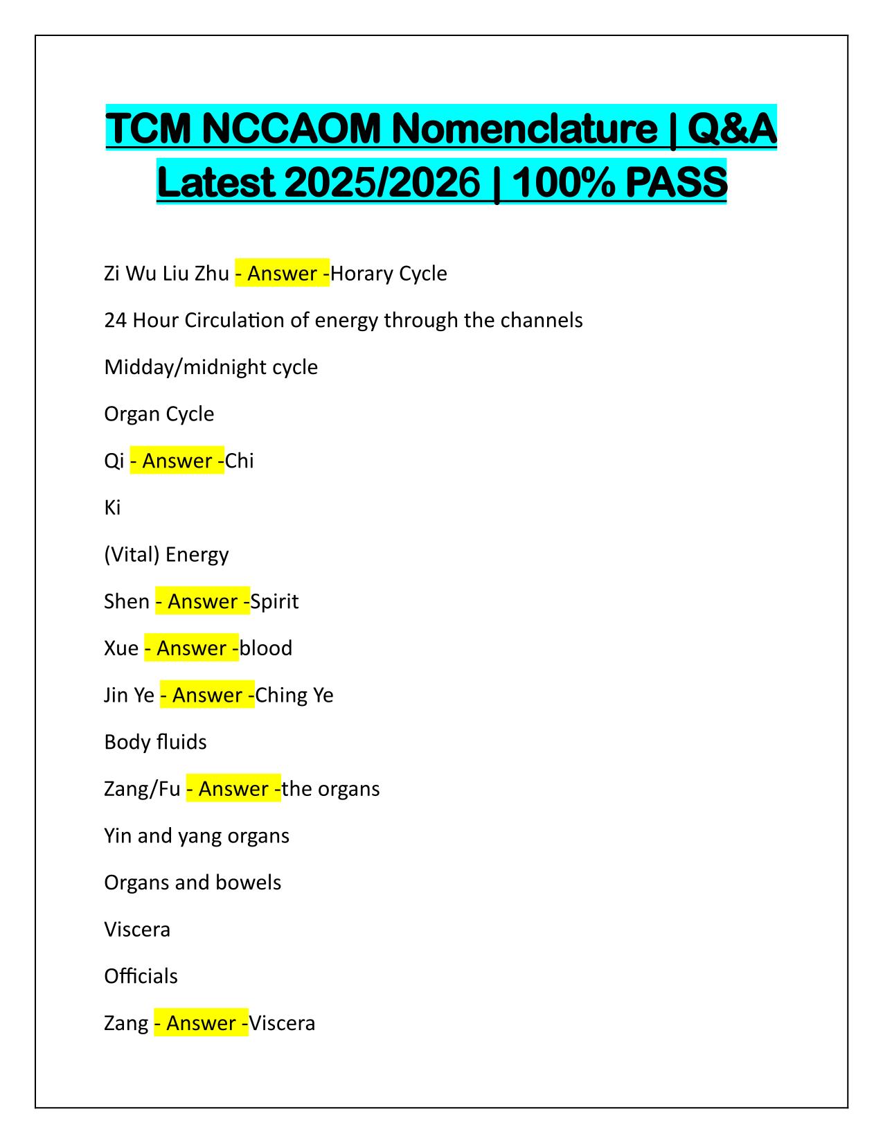 TCM NCCAOM Nomenclature Q&A Latest Update 2025