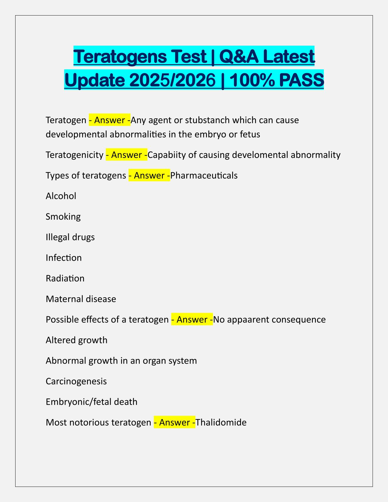 Teratogens Test Q&A Latest Update