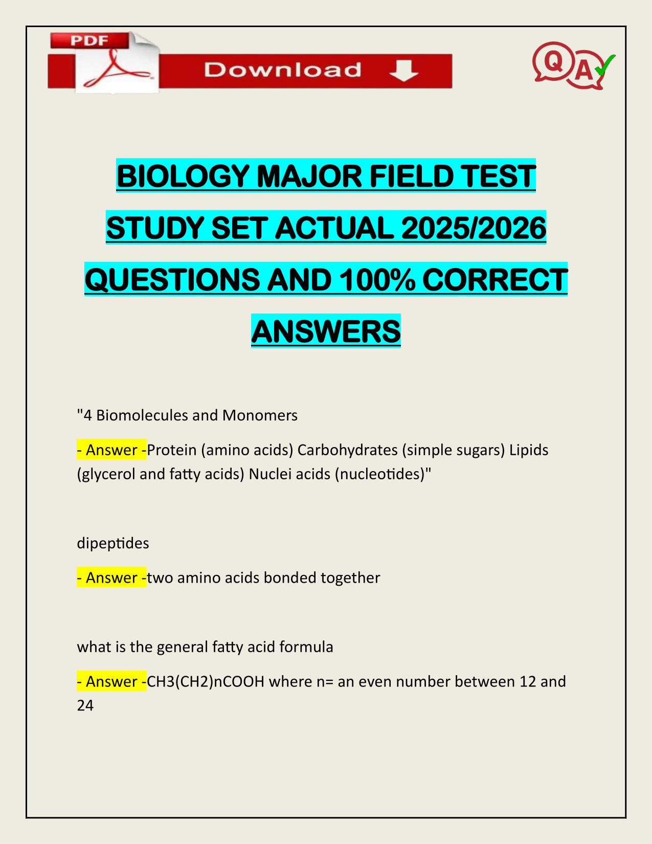 BIOLOGY MAJOR FIELD TEST STUDY SET ACTUAL 2025/2026 CORRECTLY ANSWERED