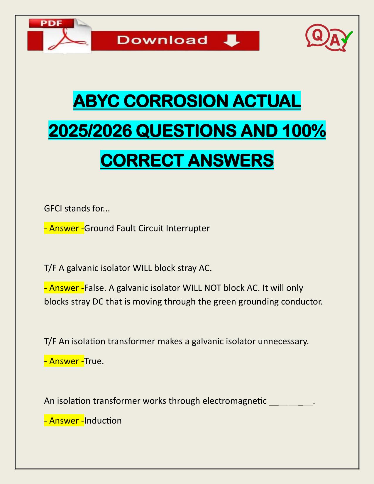 ABYC CORROSION ACTUAL 2025/2026 QUESTIONS AND 100% CORRECT ANSWERS