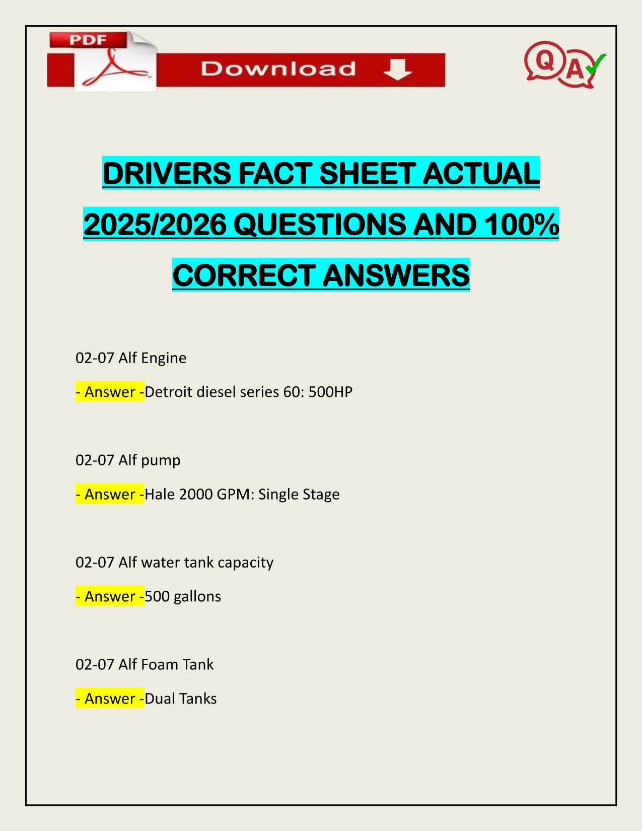 DRIVERS FACT SHEET ACTUAL 2025/2026 QUESTIONS AND 100% CORRECT ANSWERS
