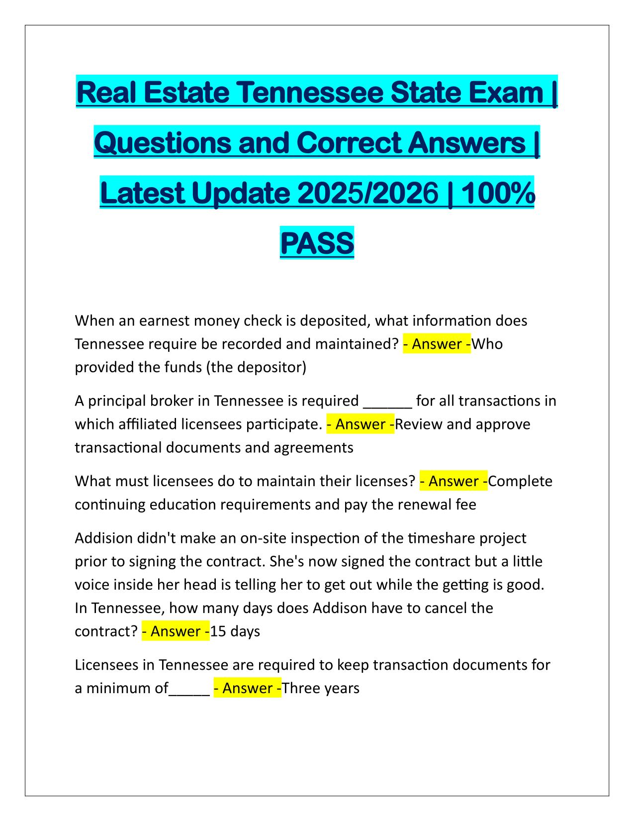 Real Estate Tennessee State Exam Questions and Answers 2025/2026