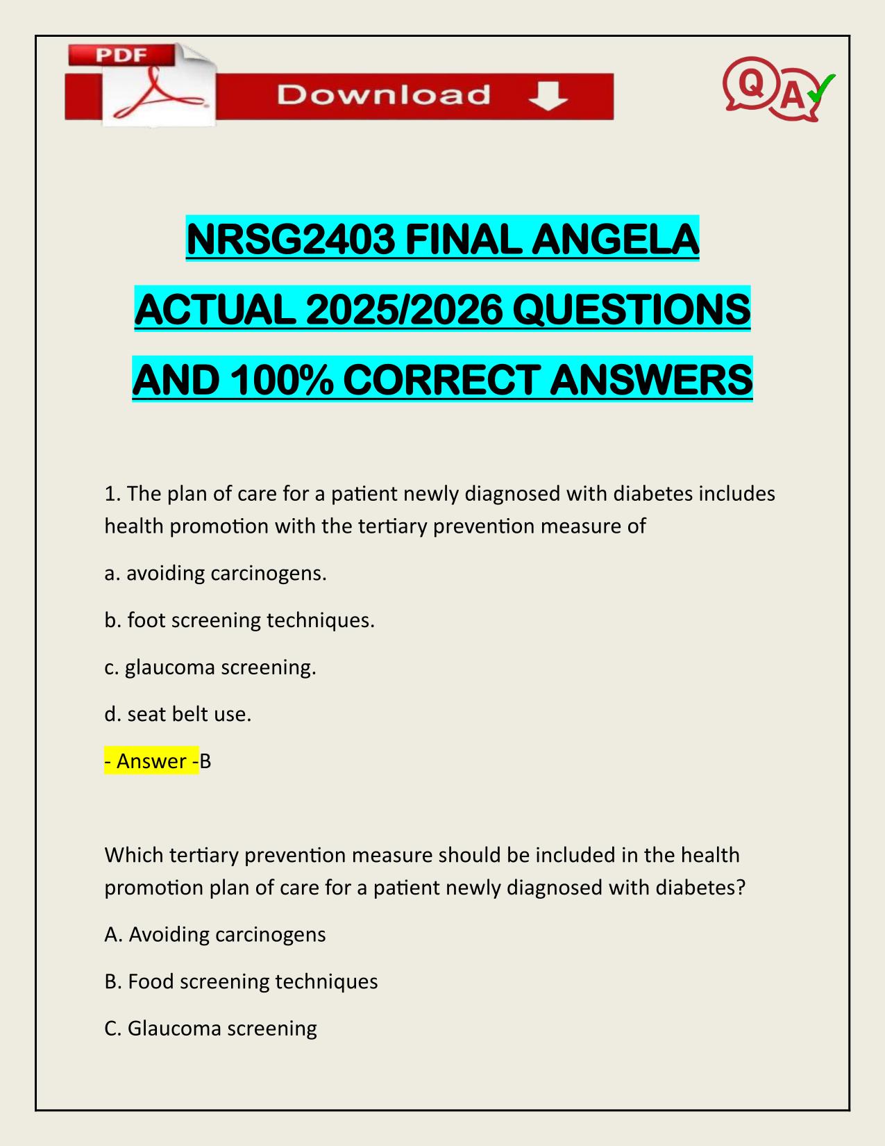 NRSG2403 FINAL ANGELA ACTUAL 2025/2026 Q&A 100% PASS