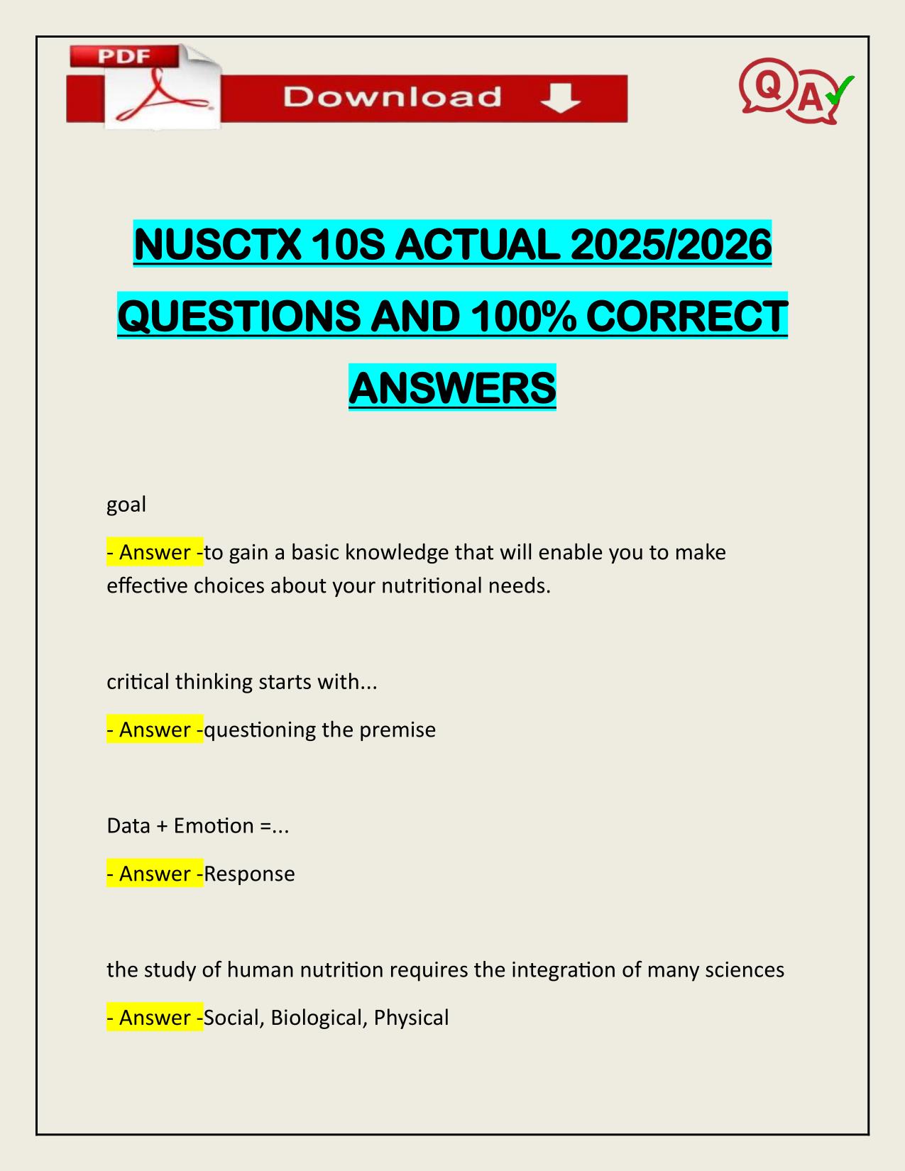 NUSCTX 10S ACTUAL 2025/2026 QUESTIONS AND 100% CORRECT ANSWERS
