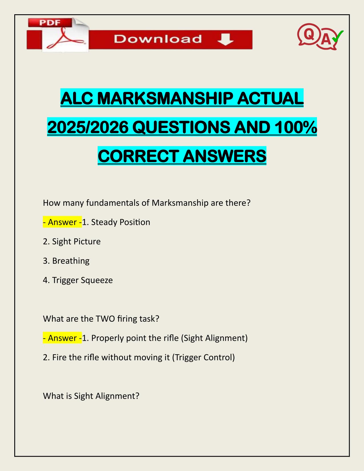 ALC MARKSMANSHIP ACTUAL 2025/2026 CORRECTLY ANSWERED