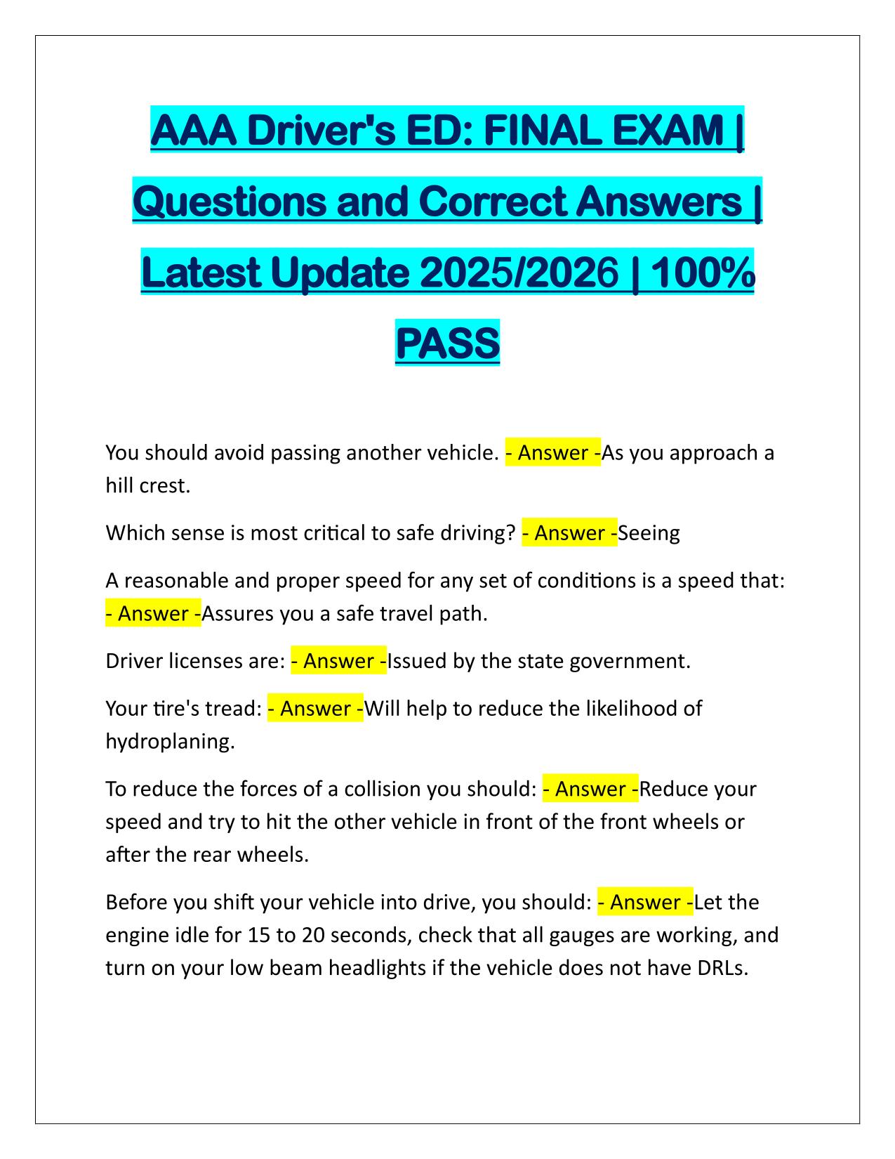 AAA Drivers ED FINAL EXAM Questions and Answers Latest