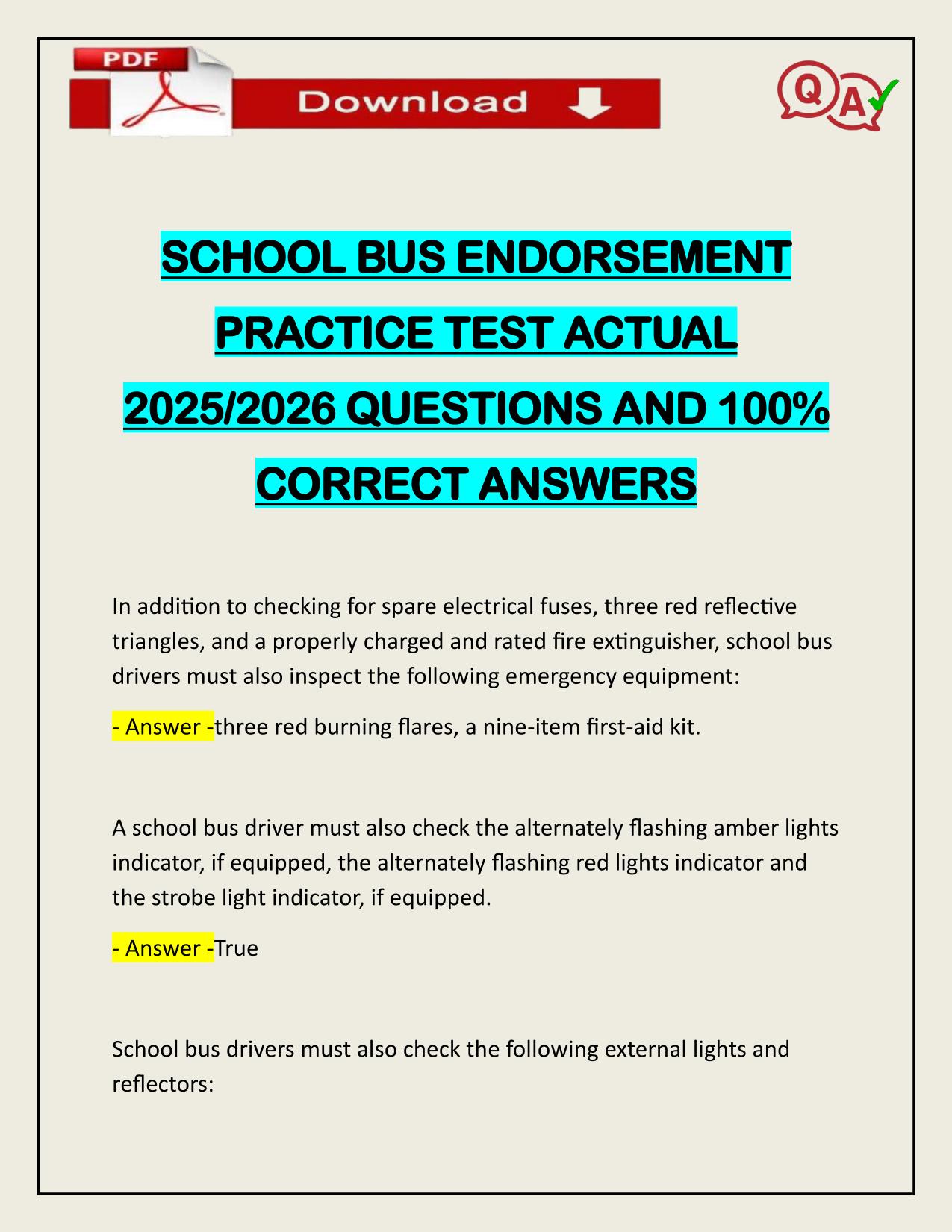 SCHOOL BUS ENDORSEMENT PRACTICE TEST ACTUAL 2025/2026 VERIFIED ANSWERS