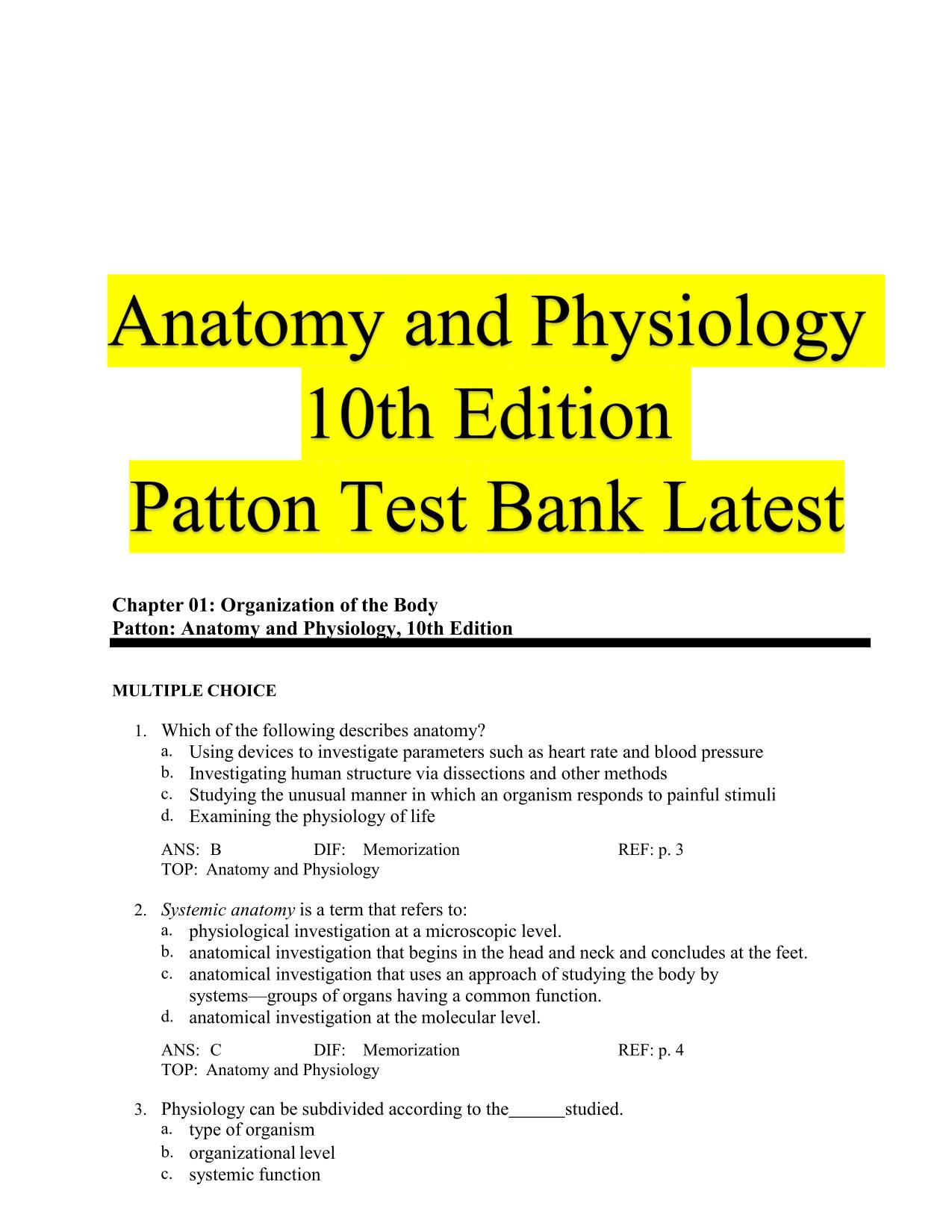 Test Bank for Anatomy and Physiology 10th Edition by Patton Latest Update All Chapters ISBN 0321720393