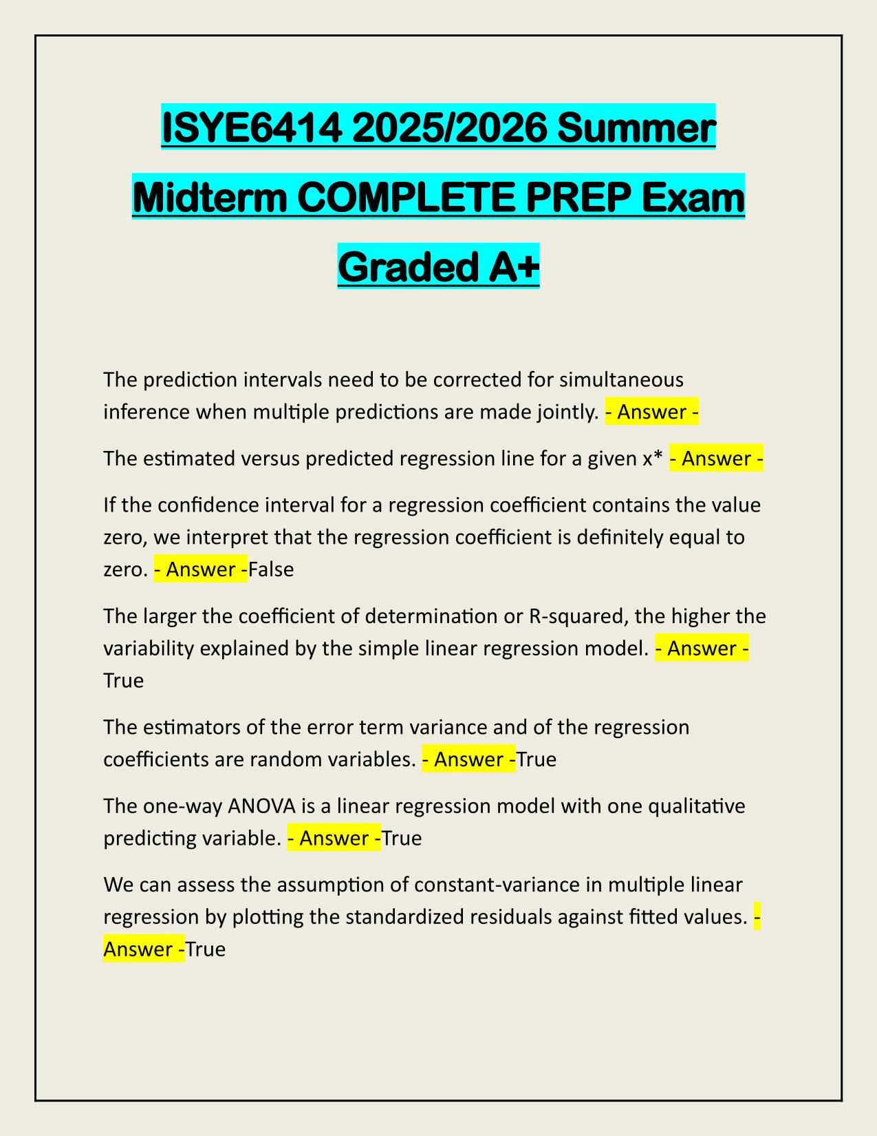 ISYE6414 2025/2026 Summer Midterm COMPLETE PREP Exam Graded A+