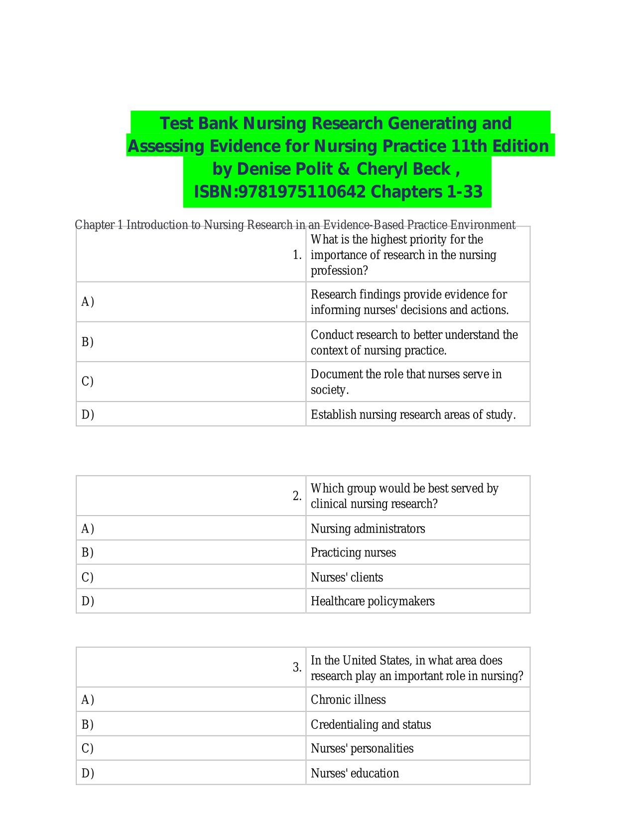 Test Bank Nursing Research Generating and Assessing Evidence for Nursing Practice 11th Ed by Denise Polit & Cheryl Beck ISBN 9781975110642