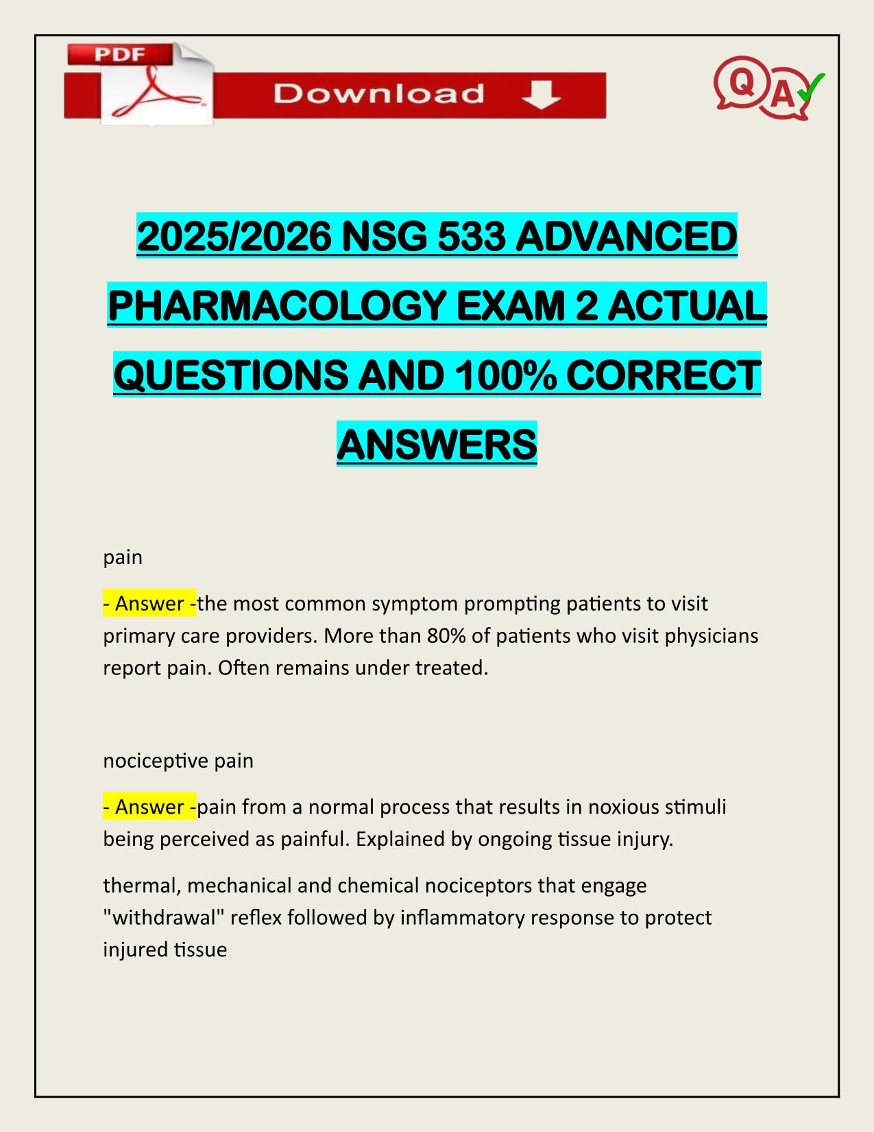 2025/2026 NSG 533 ADVANCED PHARMACOLOGY EXAM 2 ACTUAL Q&A