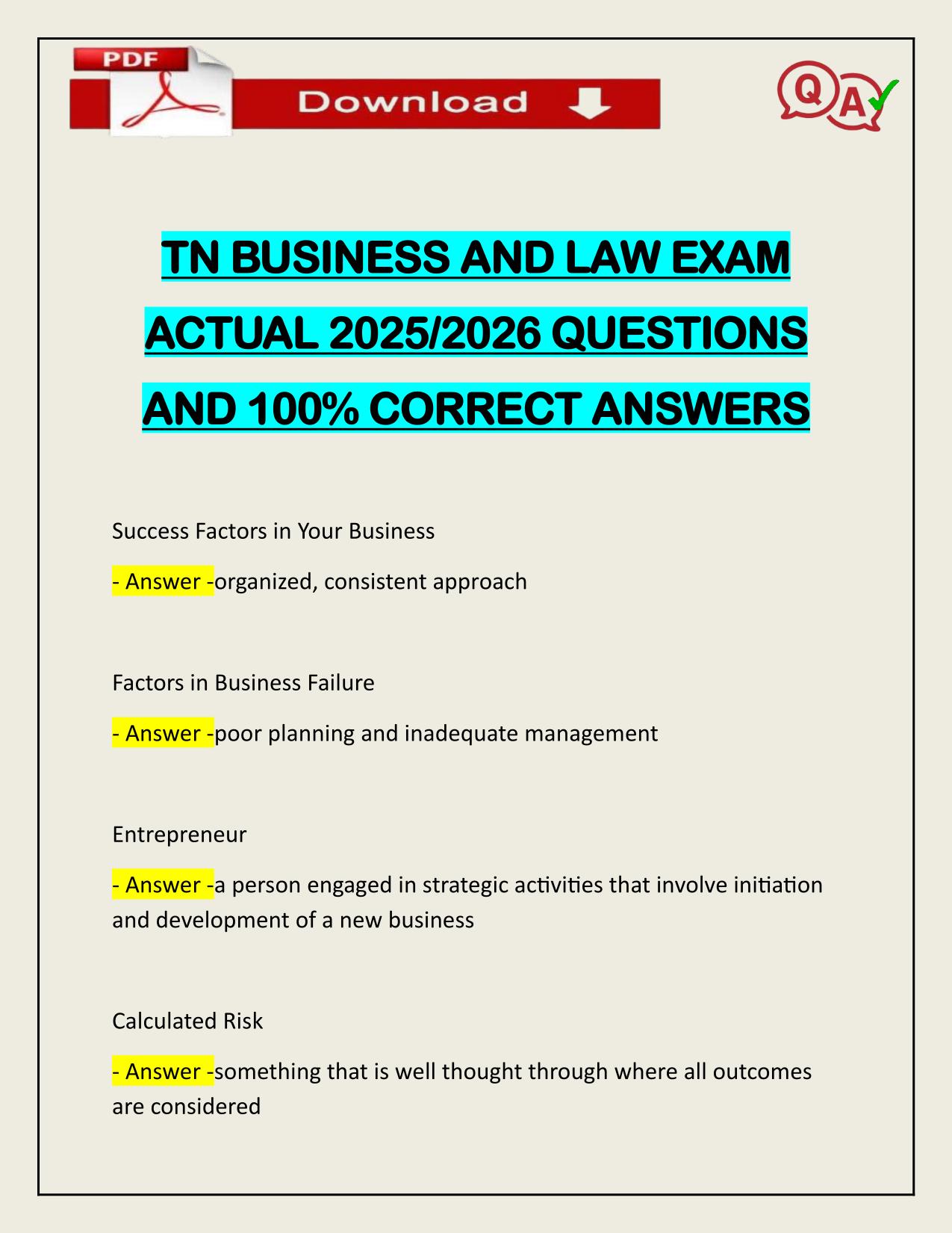 TN BUSINESS AND LAW EXAM ACTUAL 2025/2026