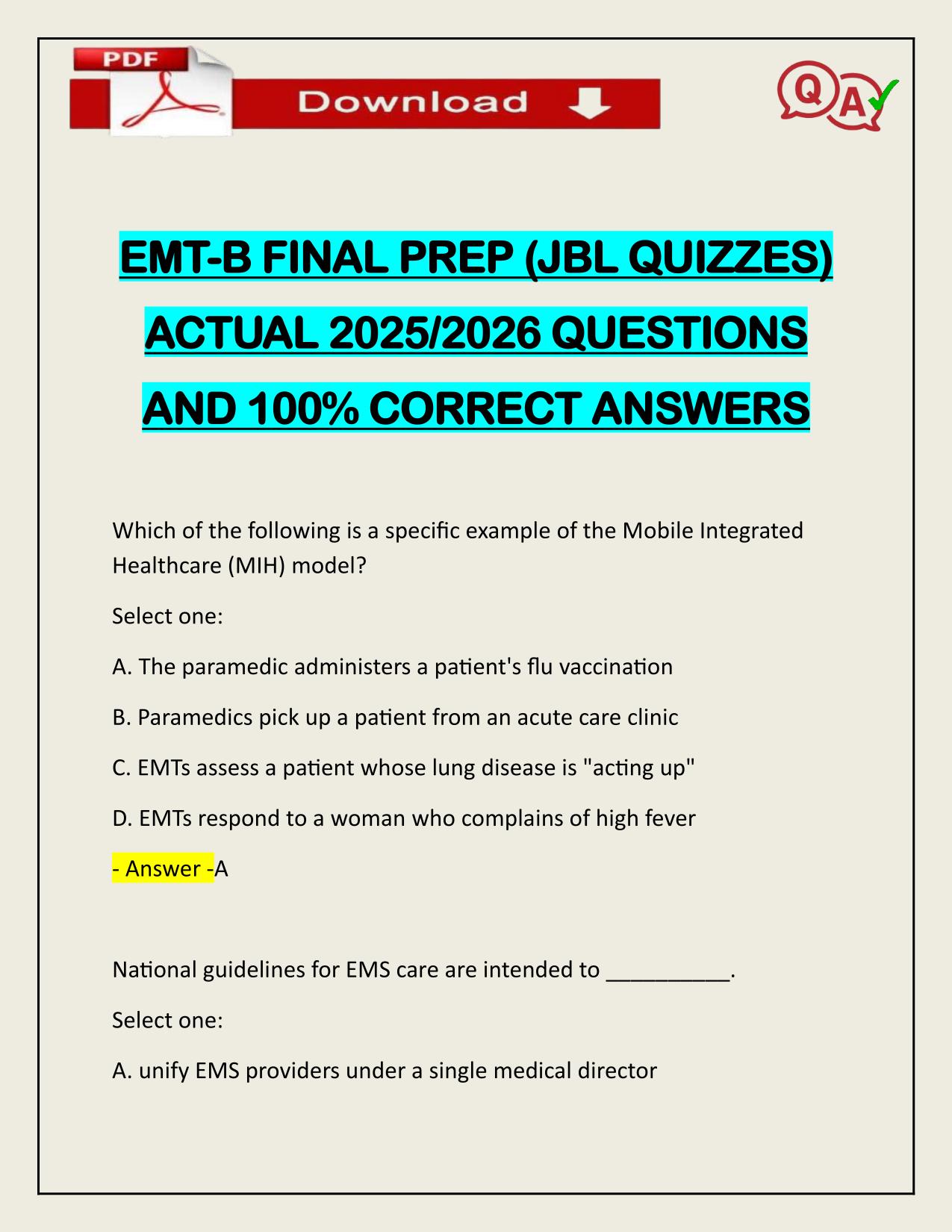 EMT-B FINAL PREP (JBL QUIZZES) ACTUAL 2025/2026 UPDATED