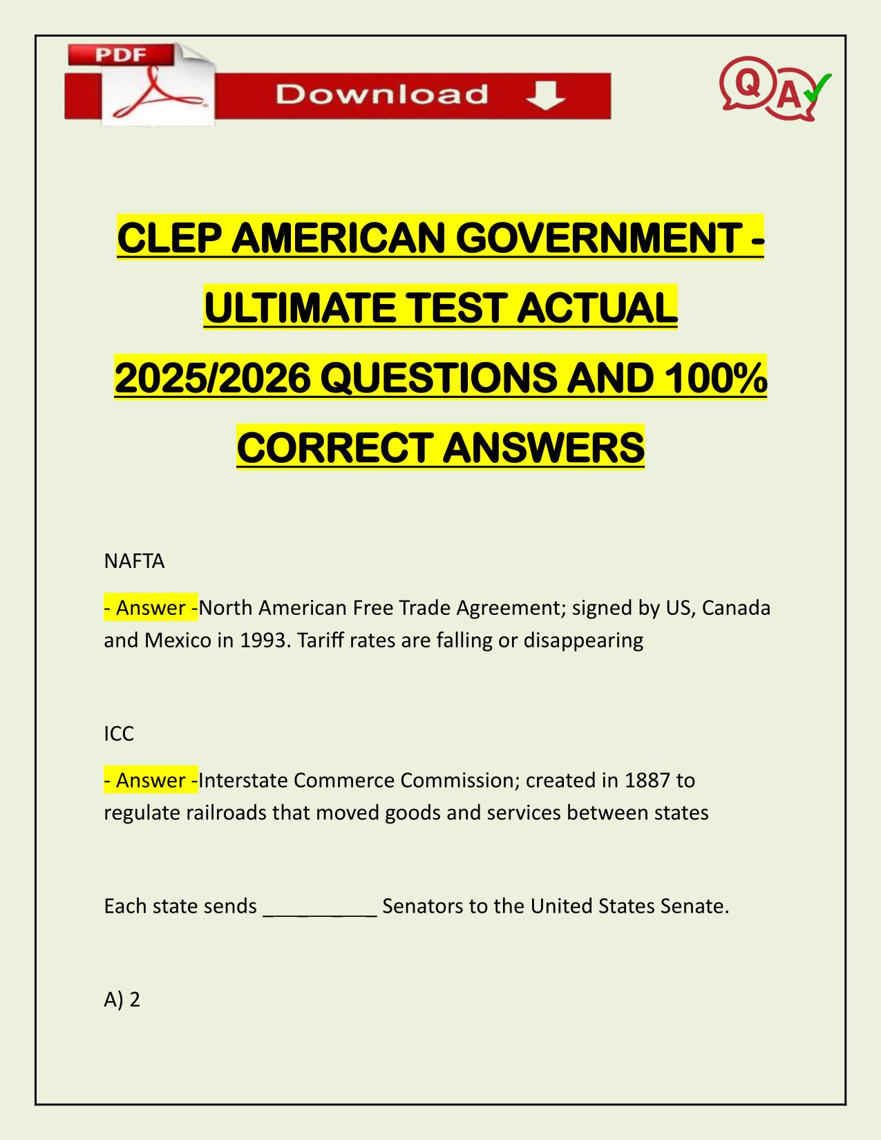 CLEP AMERICAN GOVERNMENT - ULTIMATE TEST ACTUAL 2025/2026 QUESTIONS AND 100% CORRECT ANSWERS