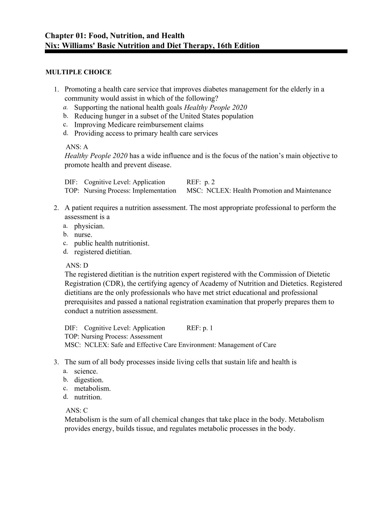 TEST BANK FOR Williams Basic Nutrition and Diet Therapy 16th Ed by Staci Nix ISBN: 9780323653763 All 23 Chapters