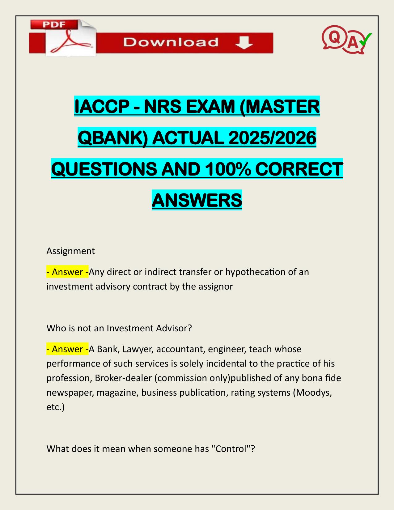 IACCP - NRS EXAM (MASTER QBANK) ACTUAL 2025/2026 QUESTIONS AND 100% CORRECT ANSWERS
