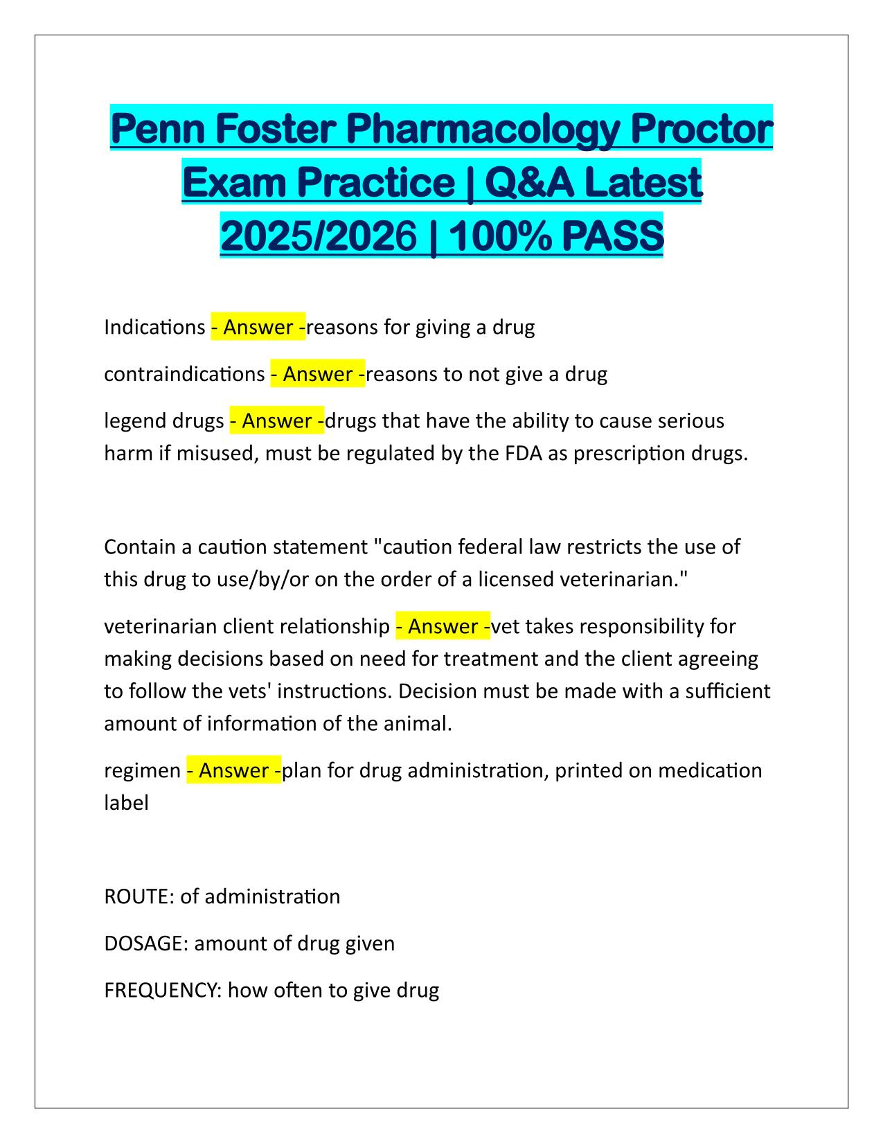 Penn Foster Pharmacology Proctor Exam Practice Q&A Latest Update