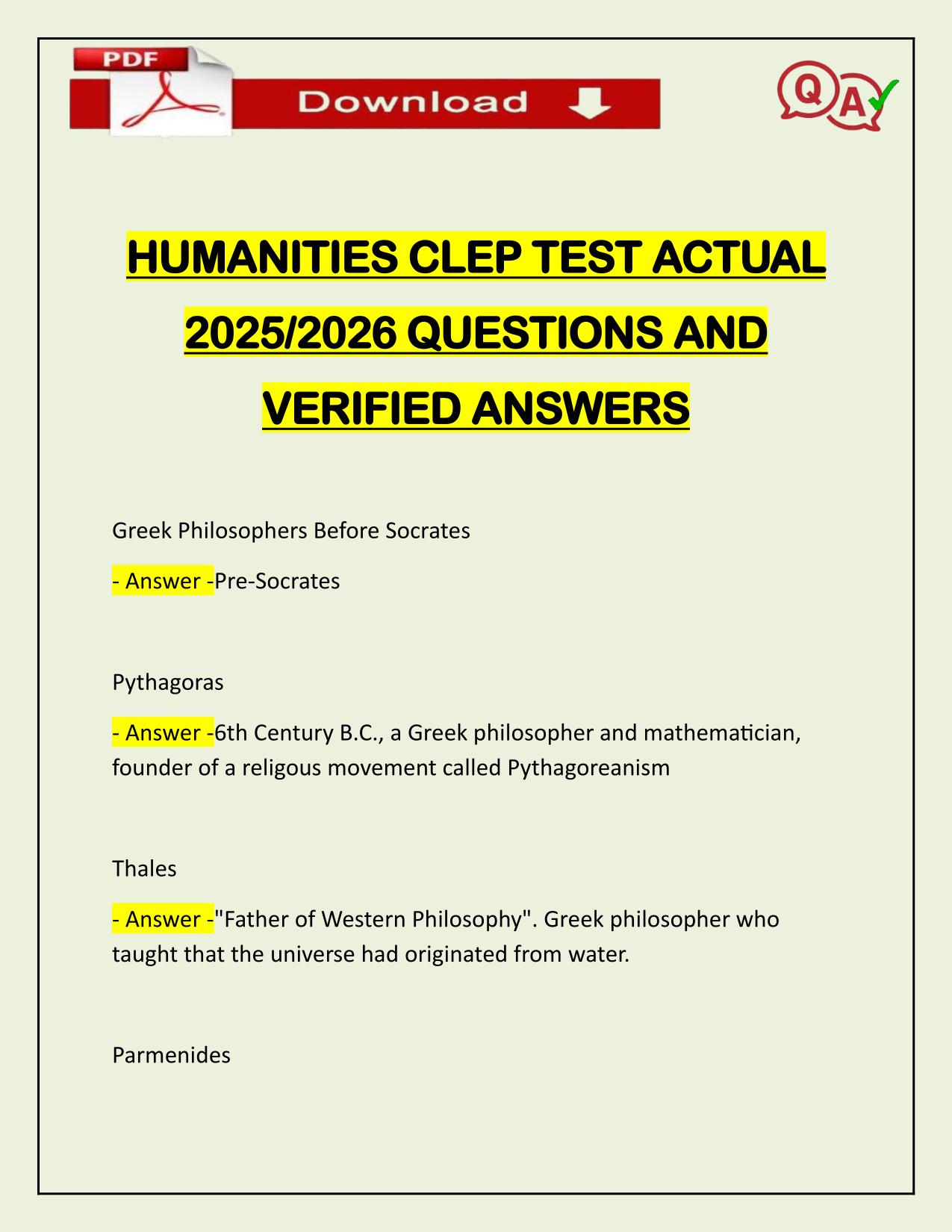 HUMANITIES CLEP TEST ACTUAL 2025/2026 QUESTIONS AND VERIFIED ANSWERS